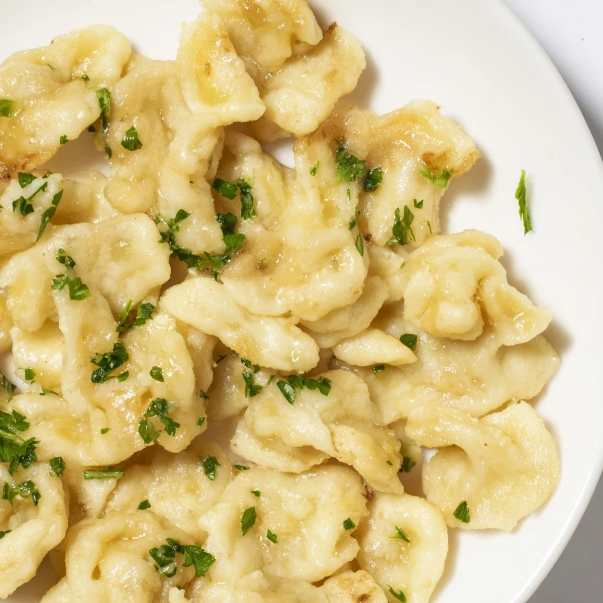 Zarte Spaetzle-Dumplings in Butter geschwenkt, ideal als Beilage zu herzhaften Gerichten.