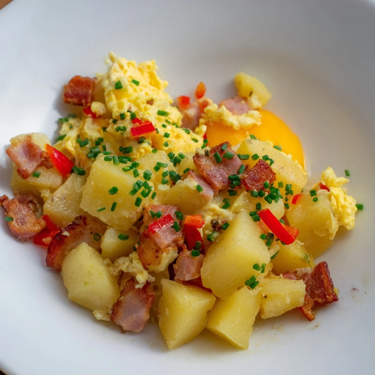 Delikates Bauernfrühstück: Eine warme Mischung aus Kartoffeln, Eiern und gebratenem Speck.