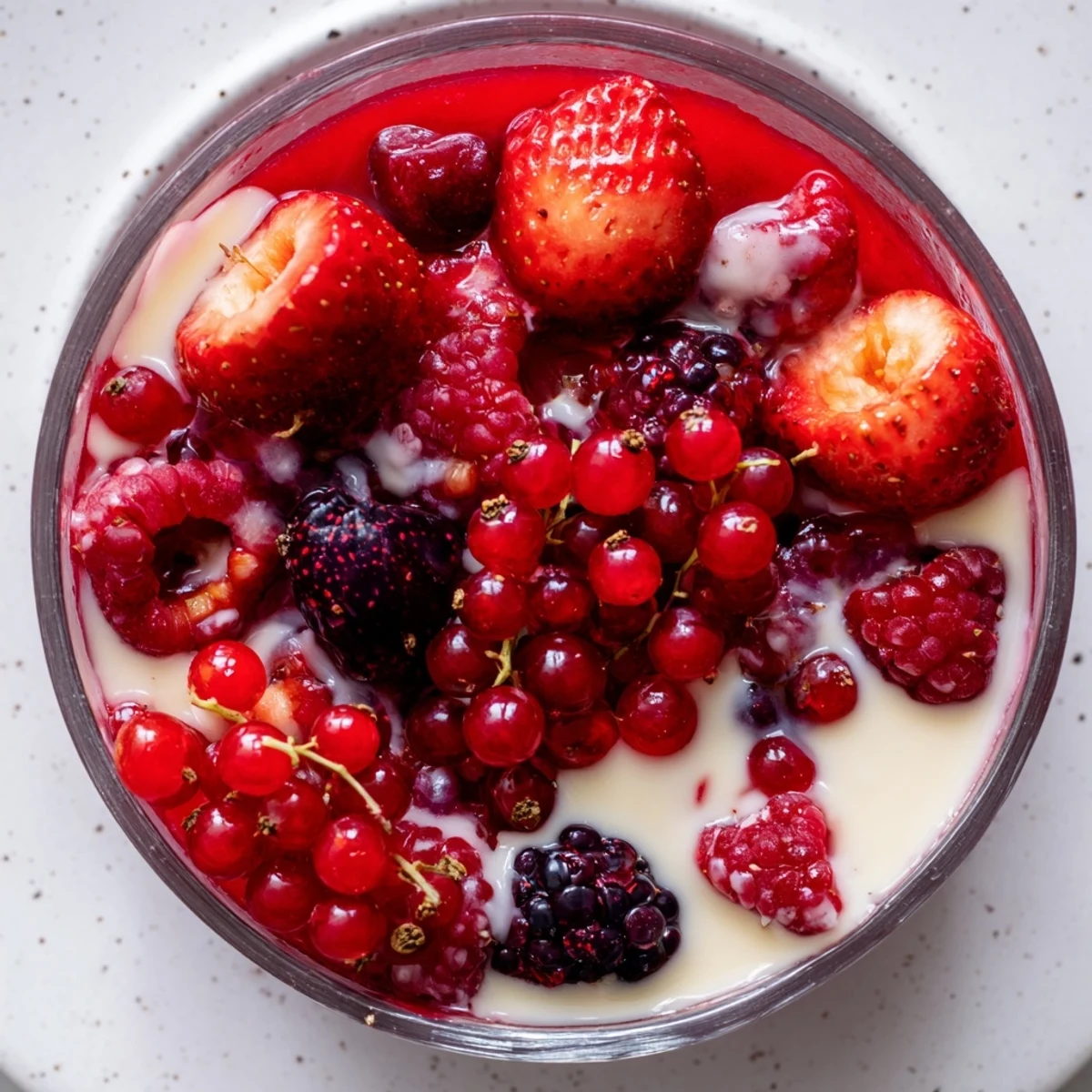 Schmackhafter roter Beerenpudding aus Deutschland, gekühlt und fruchtig, traumhaft lecker.