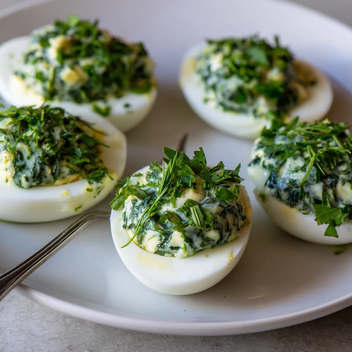 Klassische hartgekochte Eier serviert mit einer lebendigen, kräuterigen grünen Sauce.