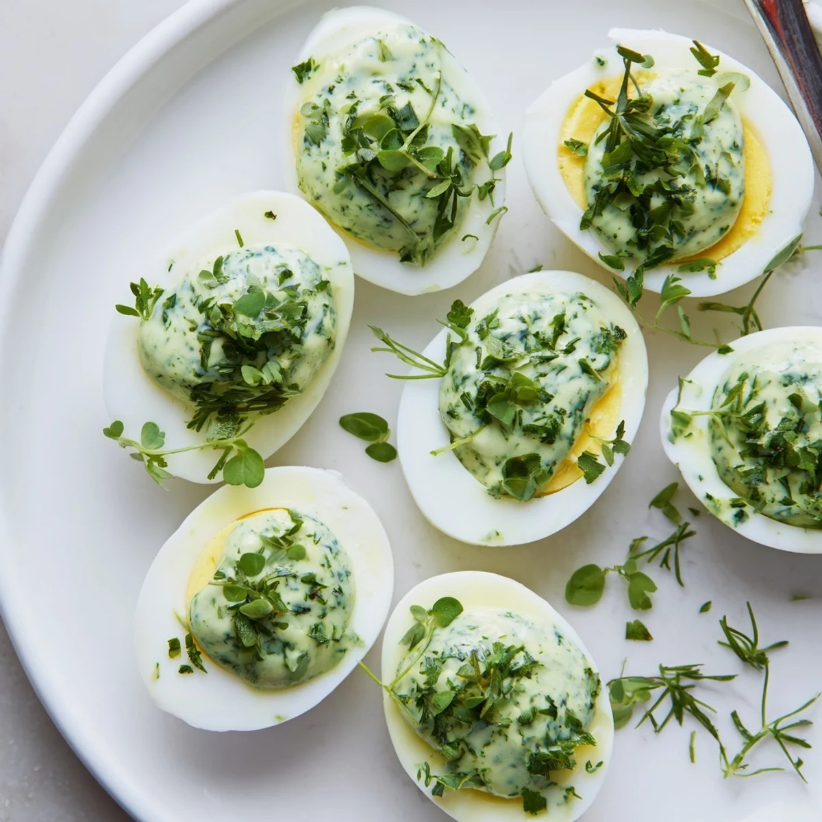 Frische, pikante grüne Sauce verleiht hartgekochten Eiern einen Frühjahrs-Twist.