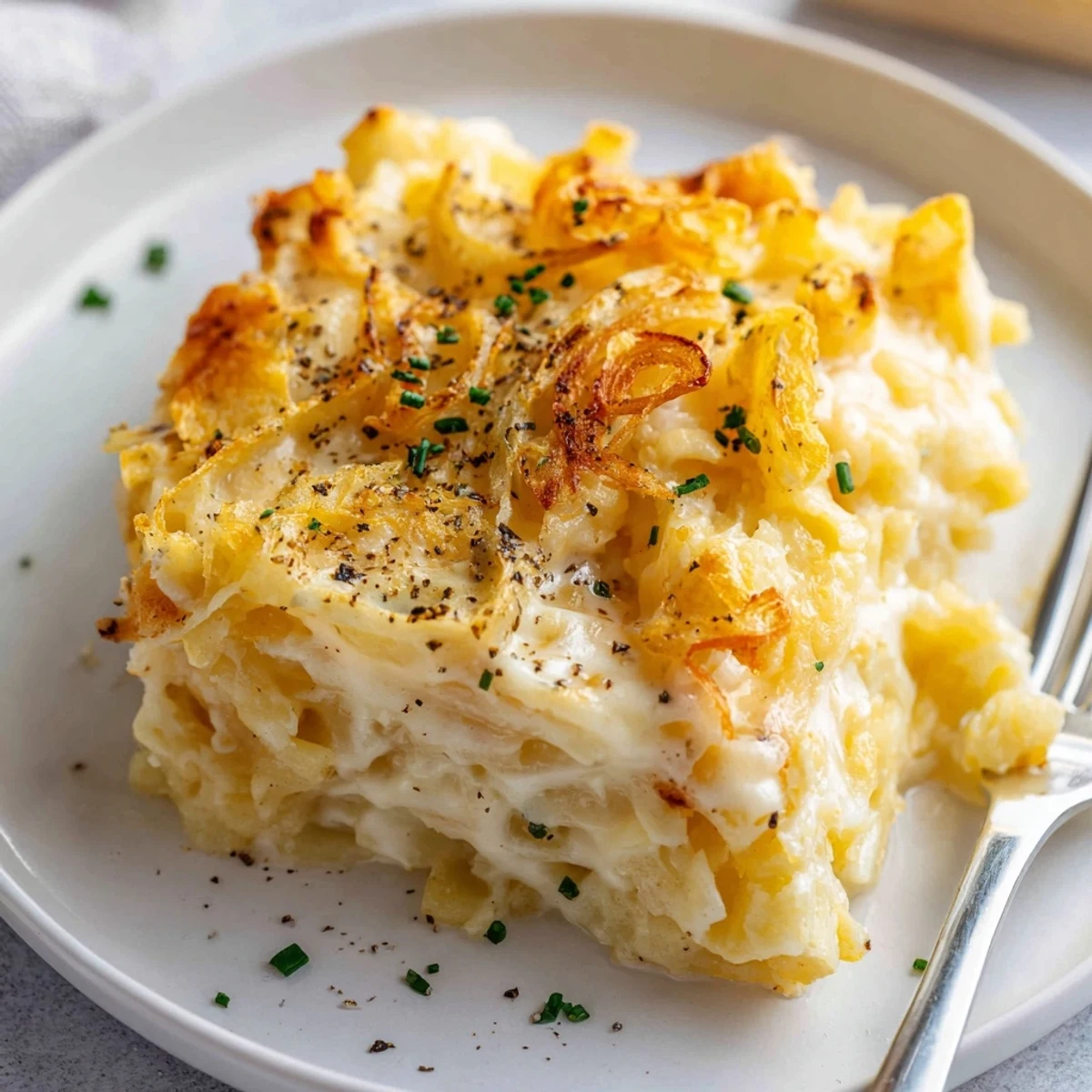 Genießen Sie Baked Käsespätzle, ein köstliches Gericht mit schmelzendem Käse und goldenen Zwiebeln.