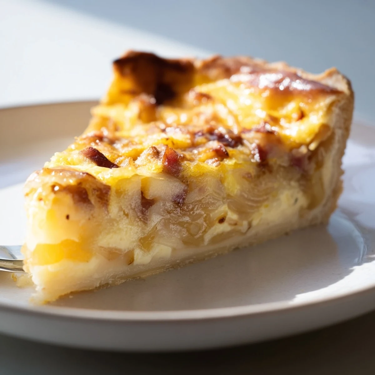 Fluffiger deutscher Zwiebelkuchen mit karamellisierten Zwiebeln und rauchigem Speck.