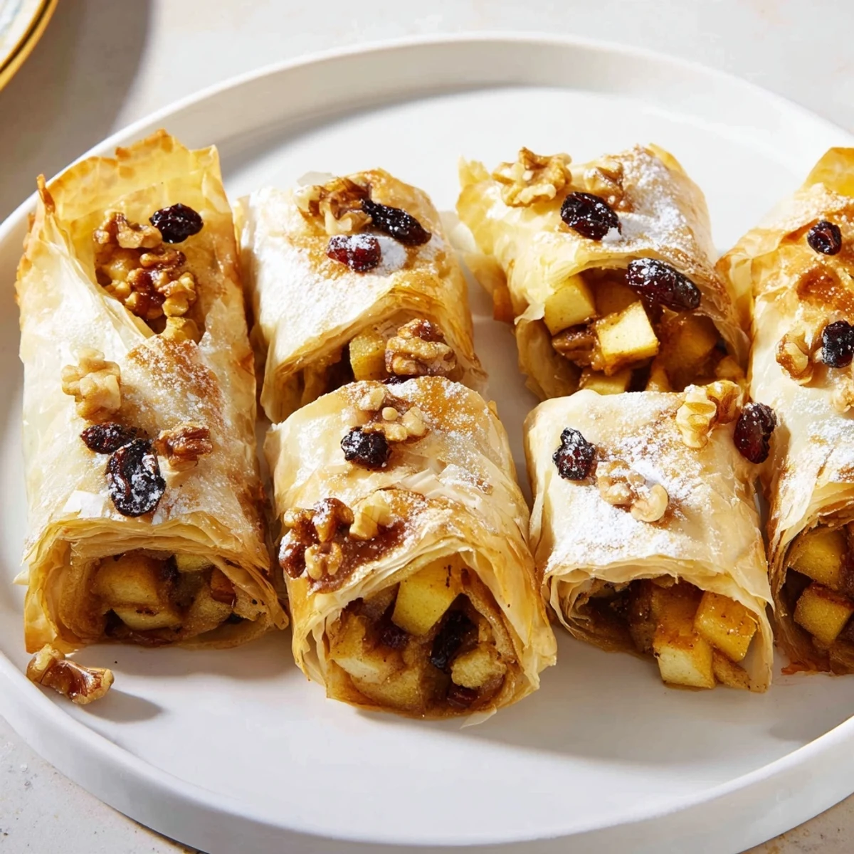 Golden, baked Oven-Baked Apple Strudel Rolls, showcasing layers of crisp pastry with spiced apple filling.