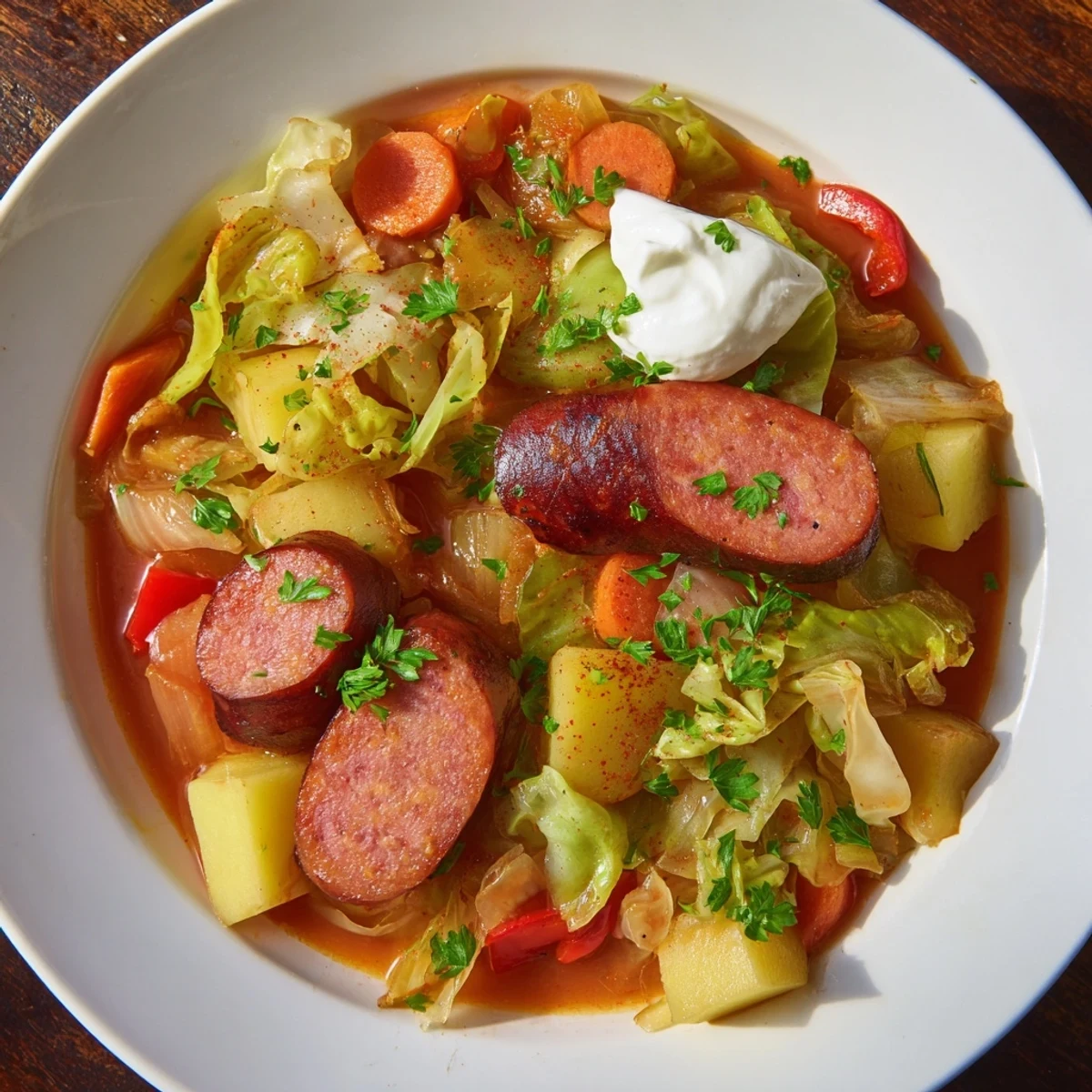 Close-up of the flavorful Effortless Sausage and Cabbage Stew, with visible sausage and tender vegetables.