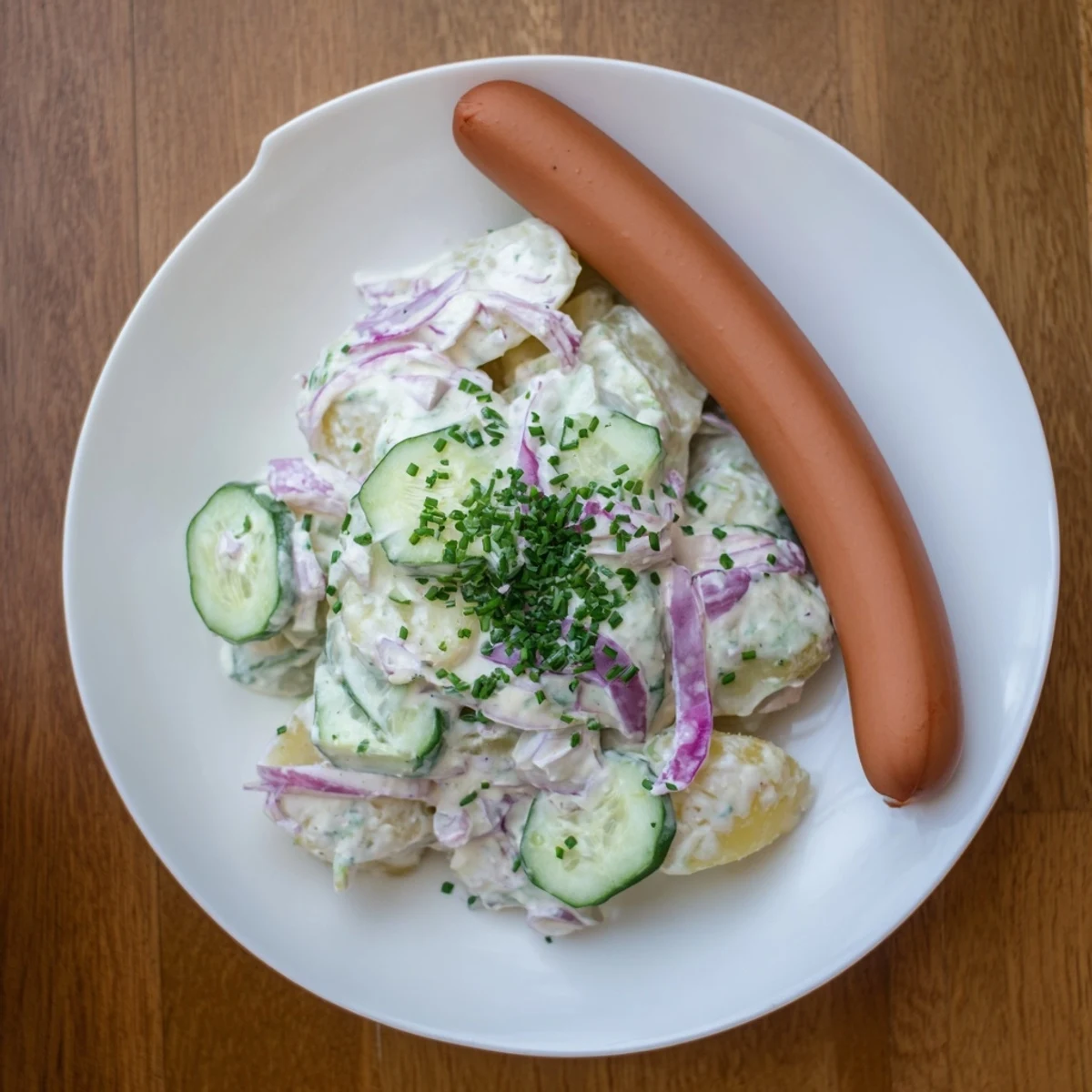 Tender potato salad with sausages and a tangy dressing, a classic German comfort food dish.