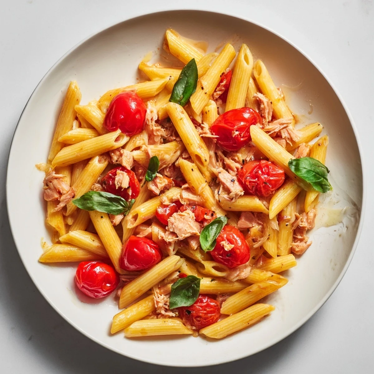 A vibrant view of Blitz Pasta with Tomatoes & Tuna, a quick and easy pescatarian supper idea.