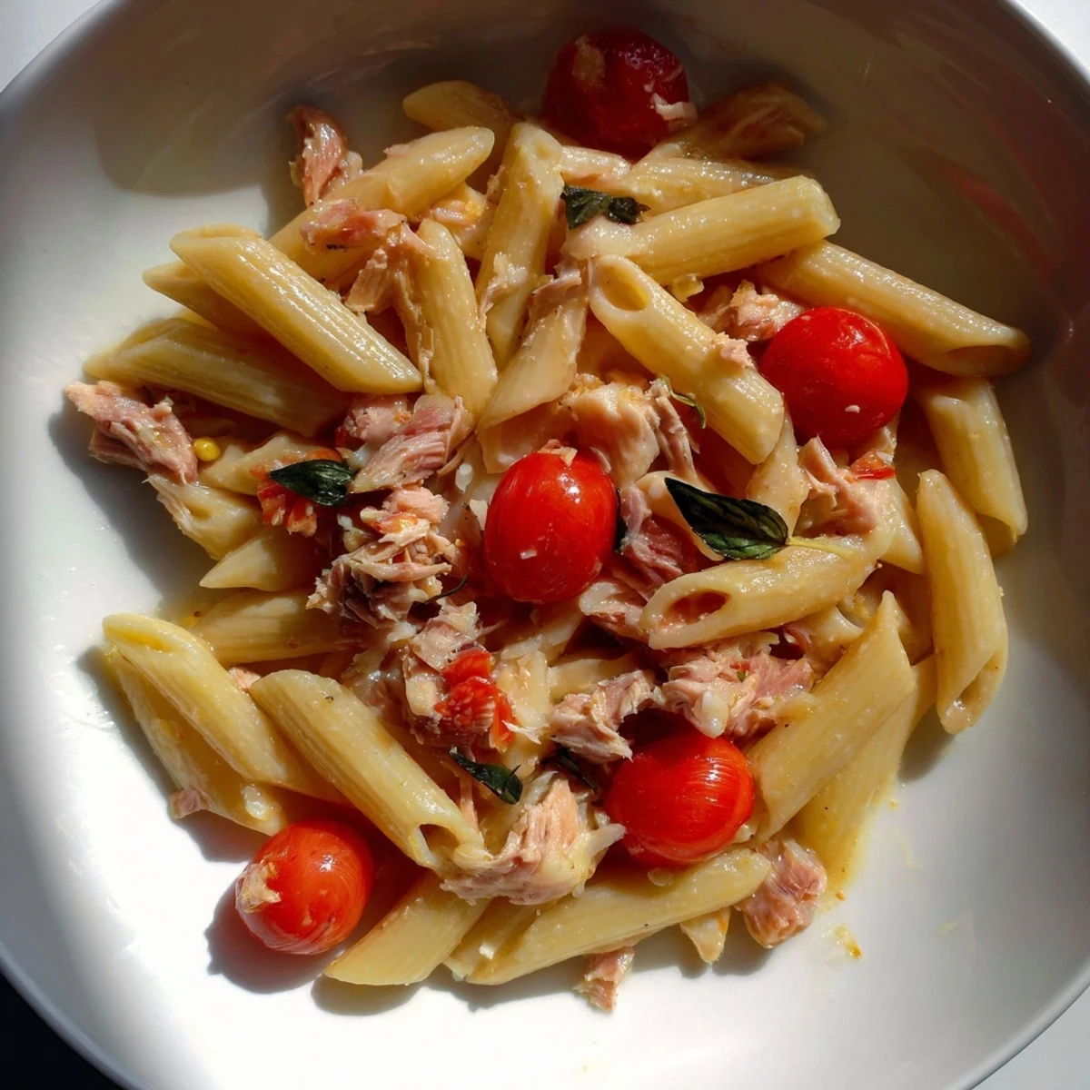 Close-up of freshly made Blitz Pasta with Tomatoes and Tuna, perfect for a comforting weeknight dinner.