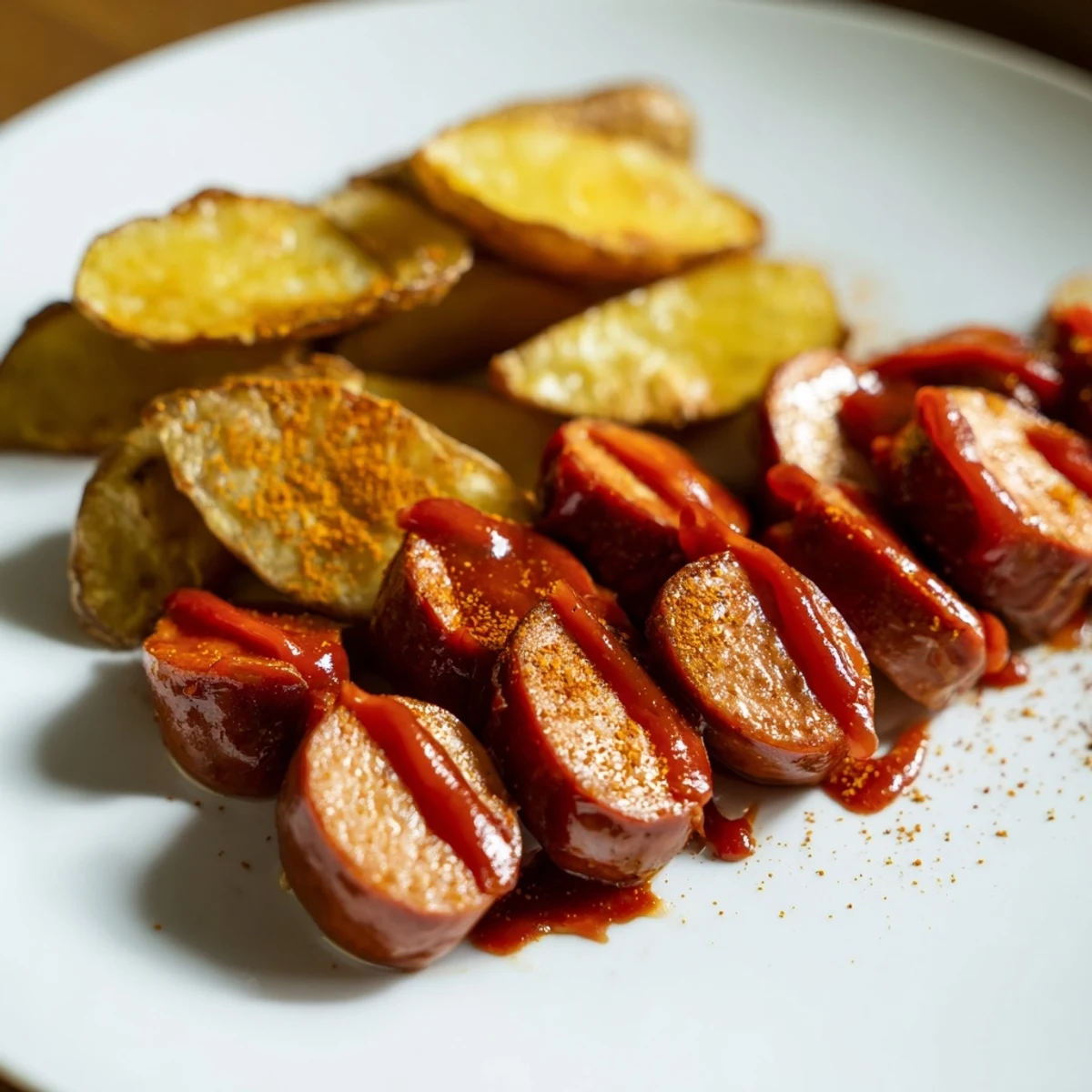 A plate piled high with golden Currywurst and crispy, seasoned fries.