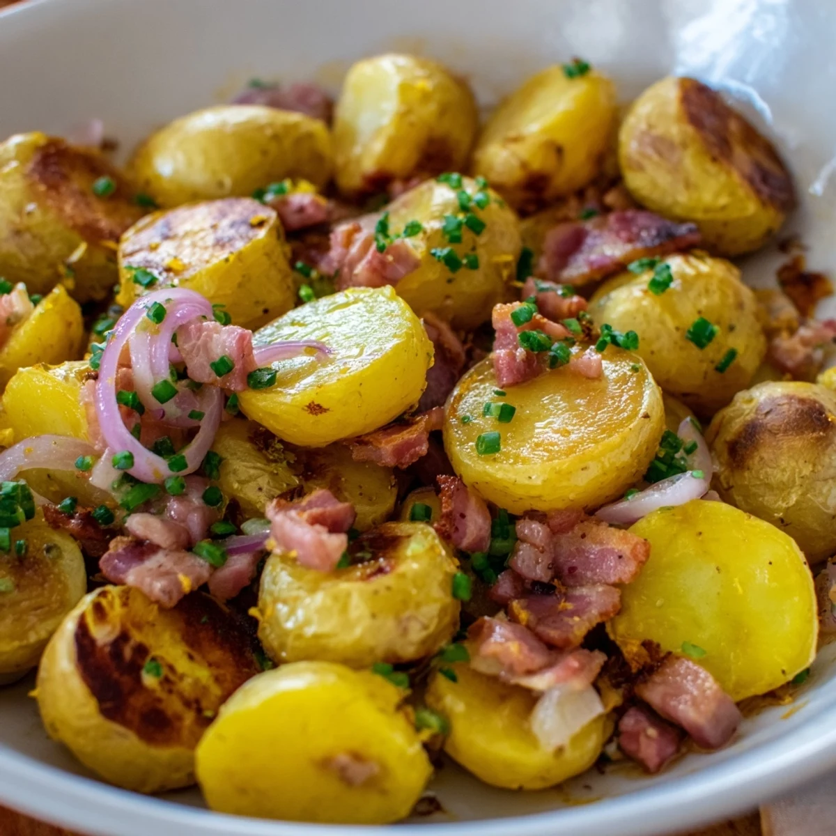 Close-up of crispy Simple Fried Potatoes with Onions & Bacon, showcasing the caramelized onions and smoky bacon flavors.