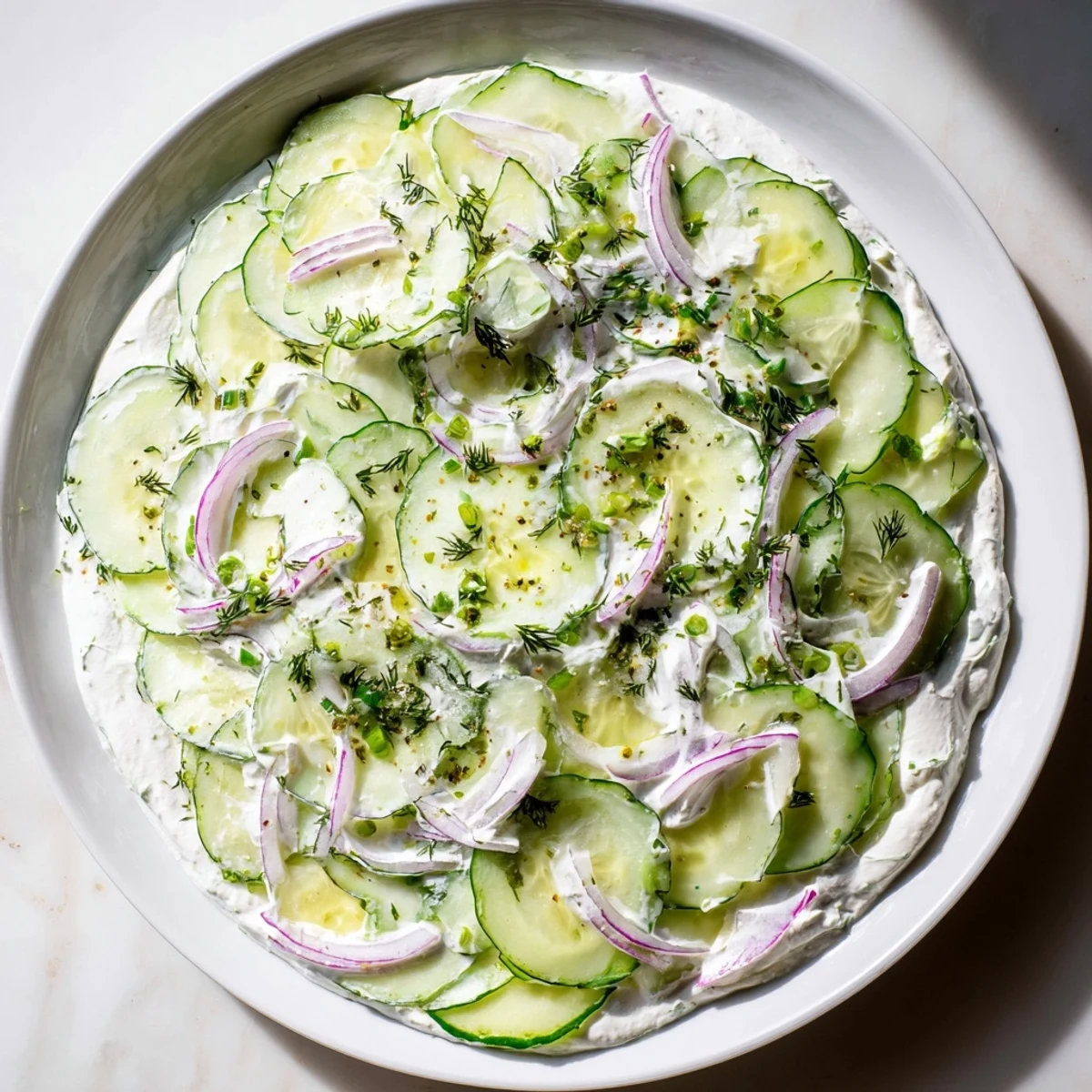 Vibrant overhead shot of Creamy German Cucumber Salad, ready to serve with a garnish of chives.