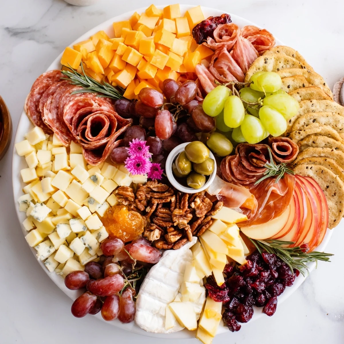 A beautifully arranged Maple Leaf Grazing Tray, overflowing with cheeses, fruits, and meats for autumn.