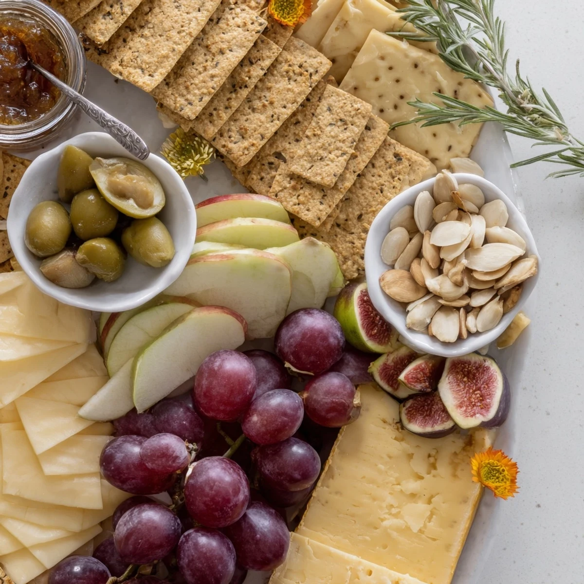 A richly detailed Golden Wheat Bundle Board, laden with crackers, cheese, fruits, and olives.