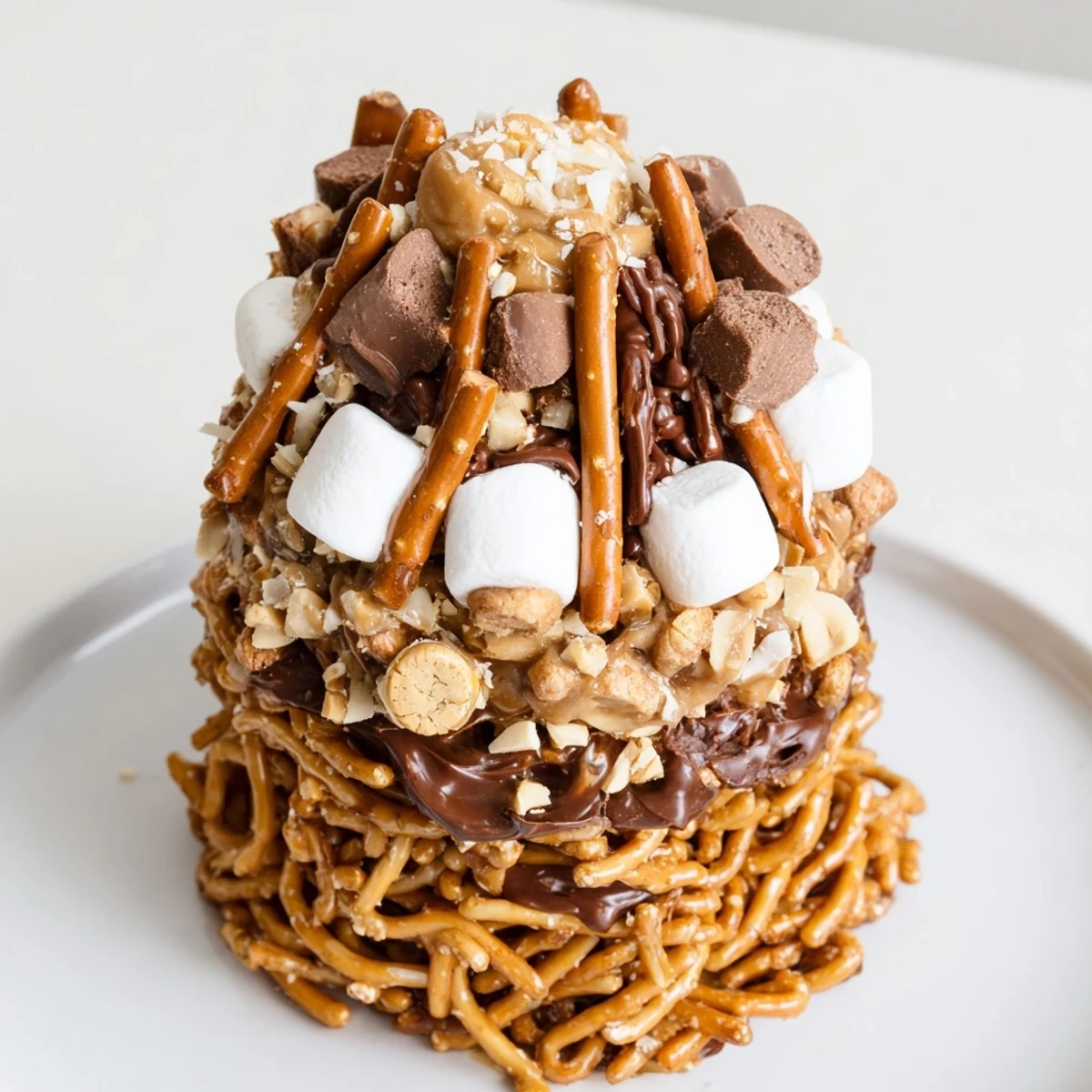 Close-up: Delicious Haystack Candy Tower, showing layers of chocolate, pretzels, and coconut.