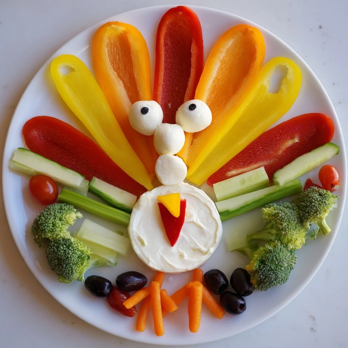 A vibrant Turkey Shaped Appetizer Tray with red pepper wattle and eye details, ready to be enjoyed!