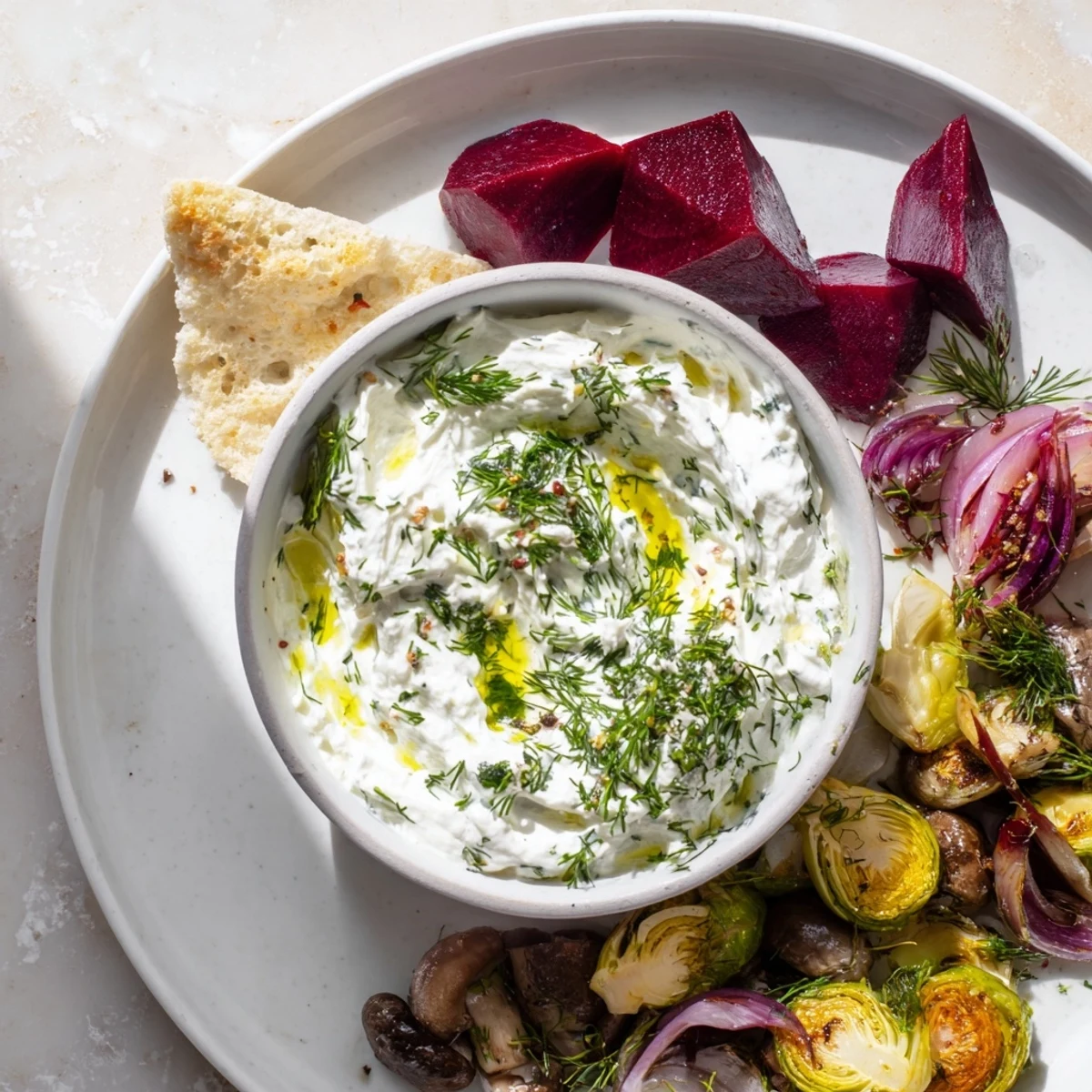 A beautiful Pine Forest Winter Mezze Board featuring roasted veggies, olives, and festive garnishes, perfect for sharing.