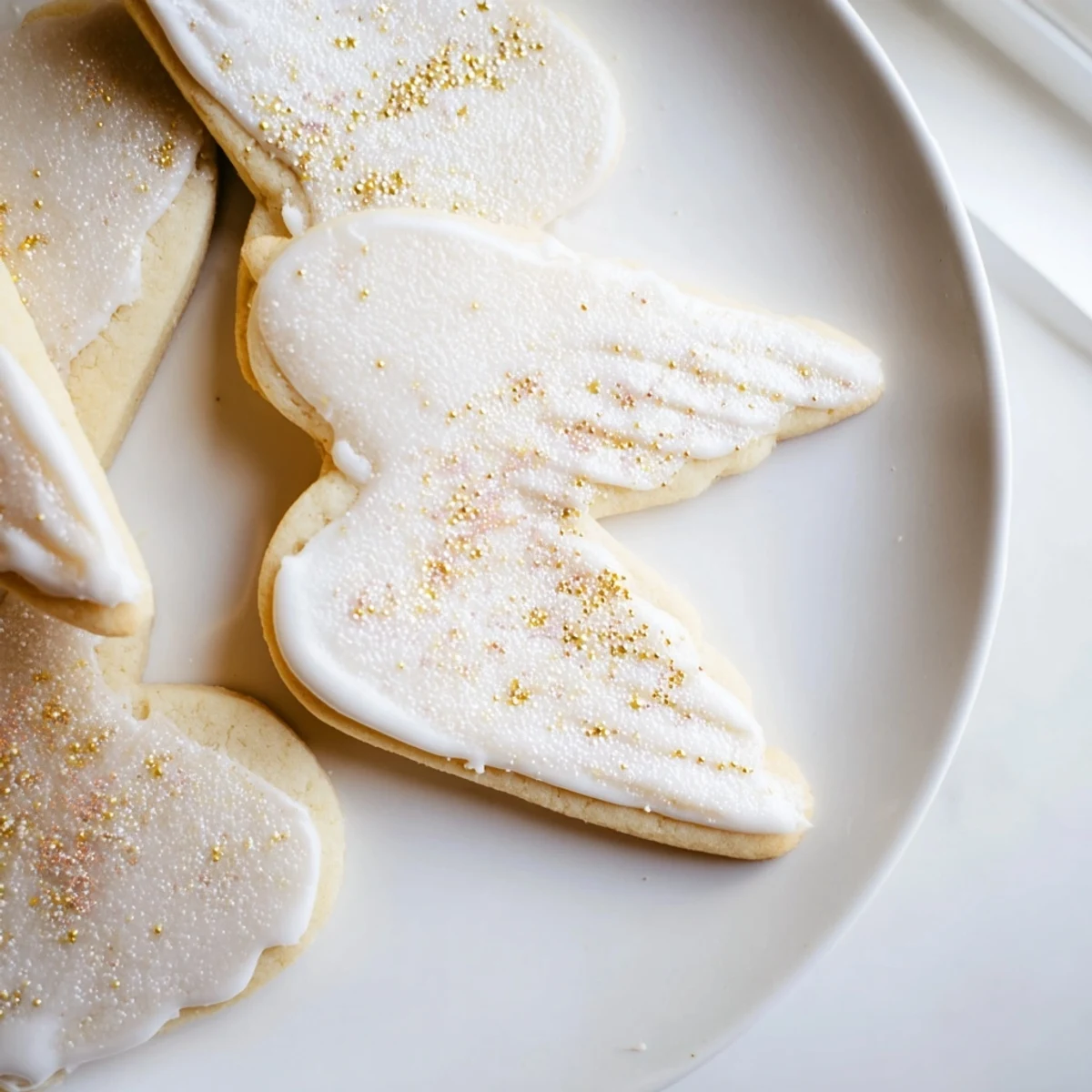 Freshly baked angel wings sugar cookies, glistening with icing, ready to be enjoyed with a tea.
