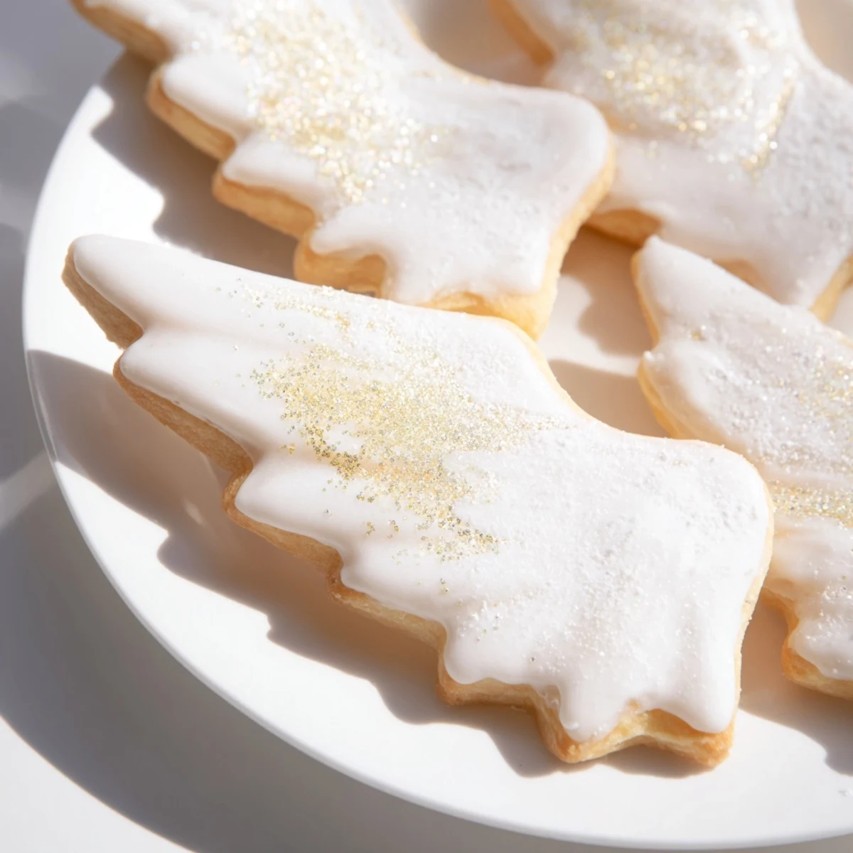 Close-up of angel wings sugar cookies with glitter, showcasing perfect homemade detail.