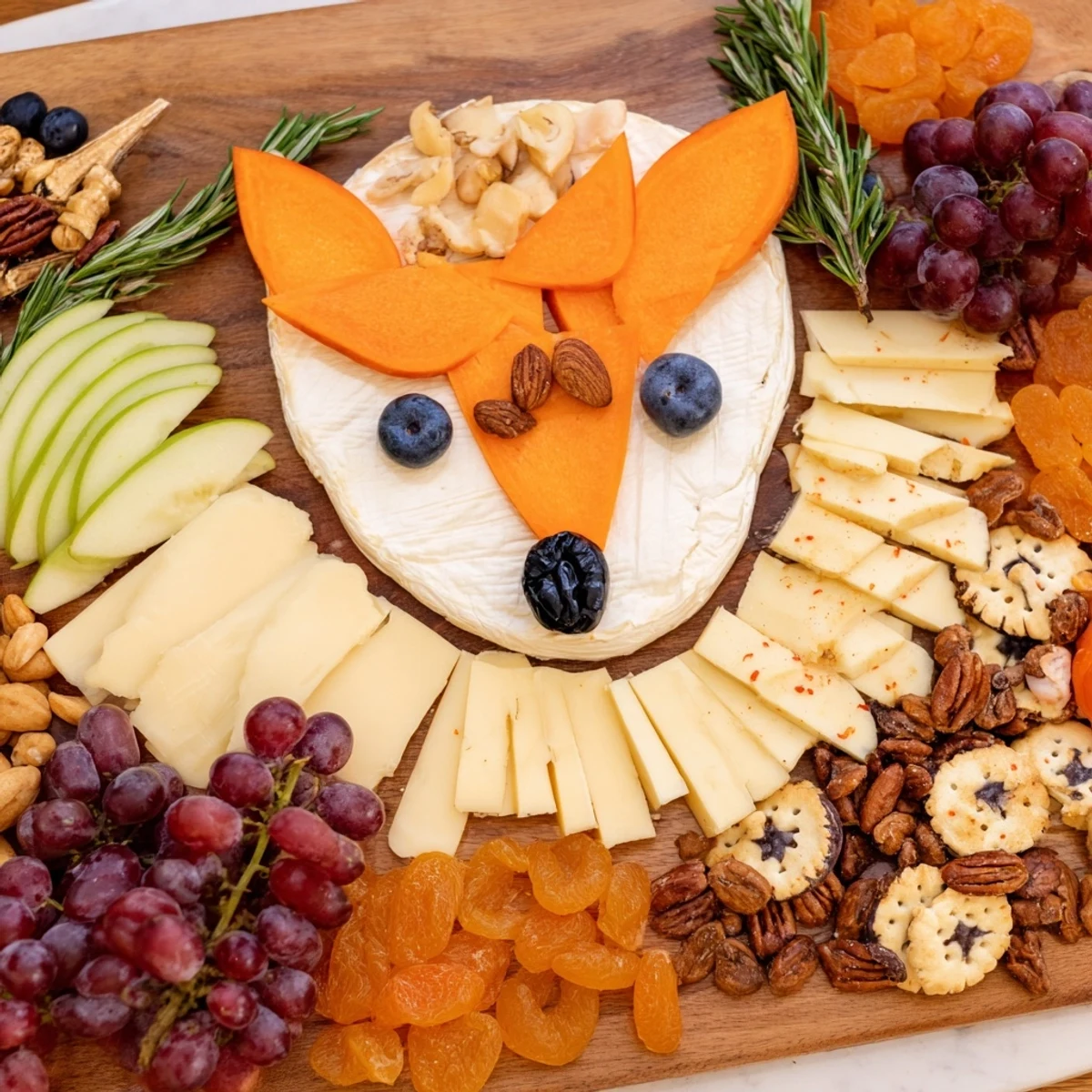 Whimsical Fox Fall Treat Board, with goat cheese fox face, crackers, fruit, and sweet treats.