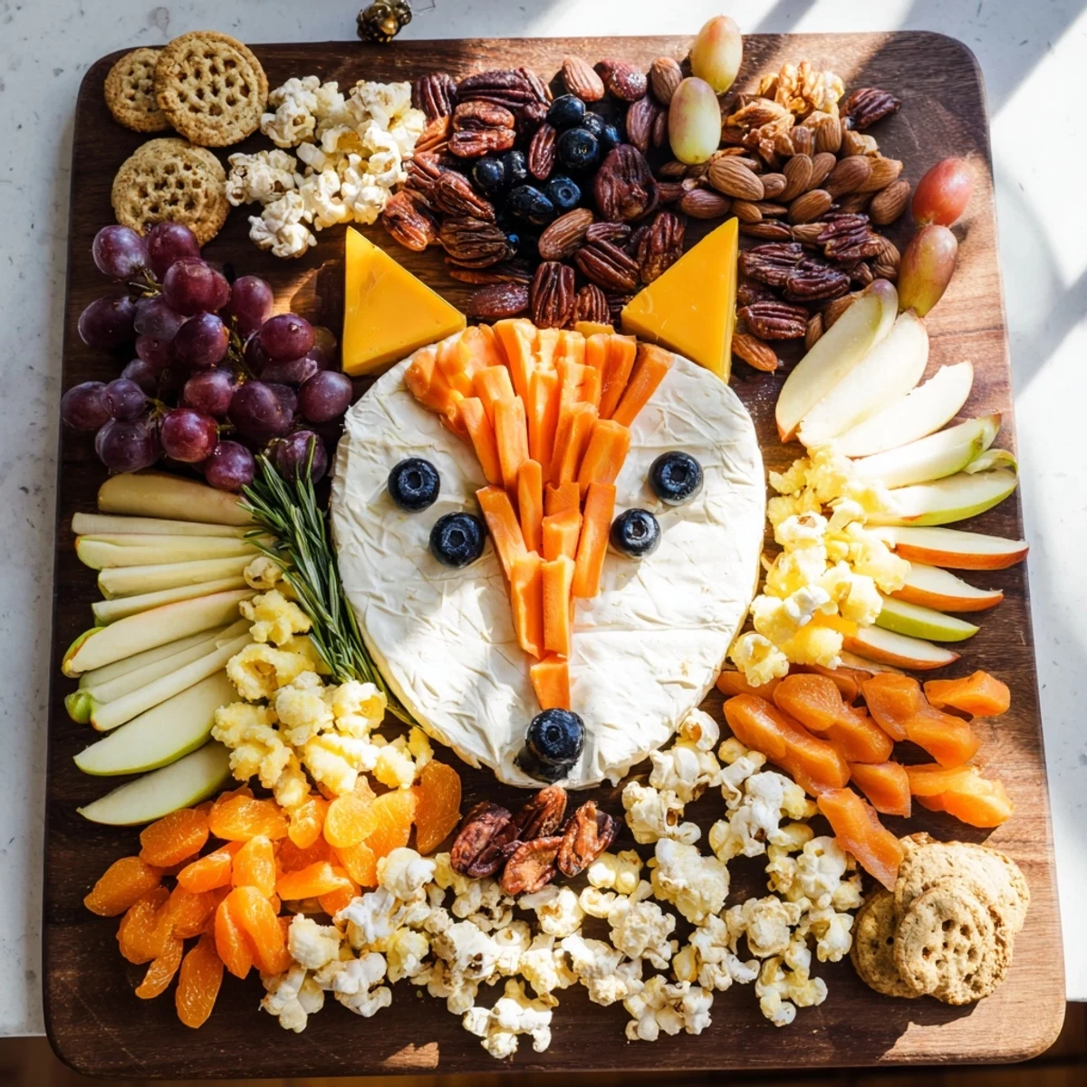 Vibrant Whimsical Fox Fall Treat Board, overflowing with fall fruits, cheeses, and autumn candies.