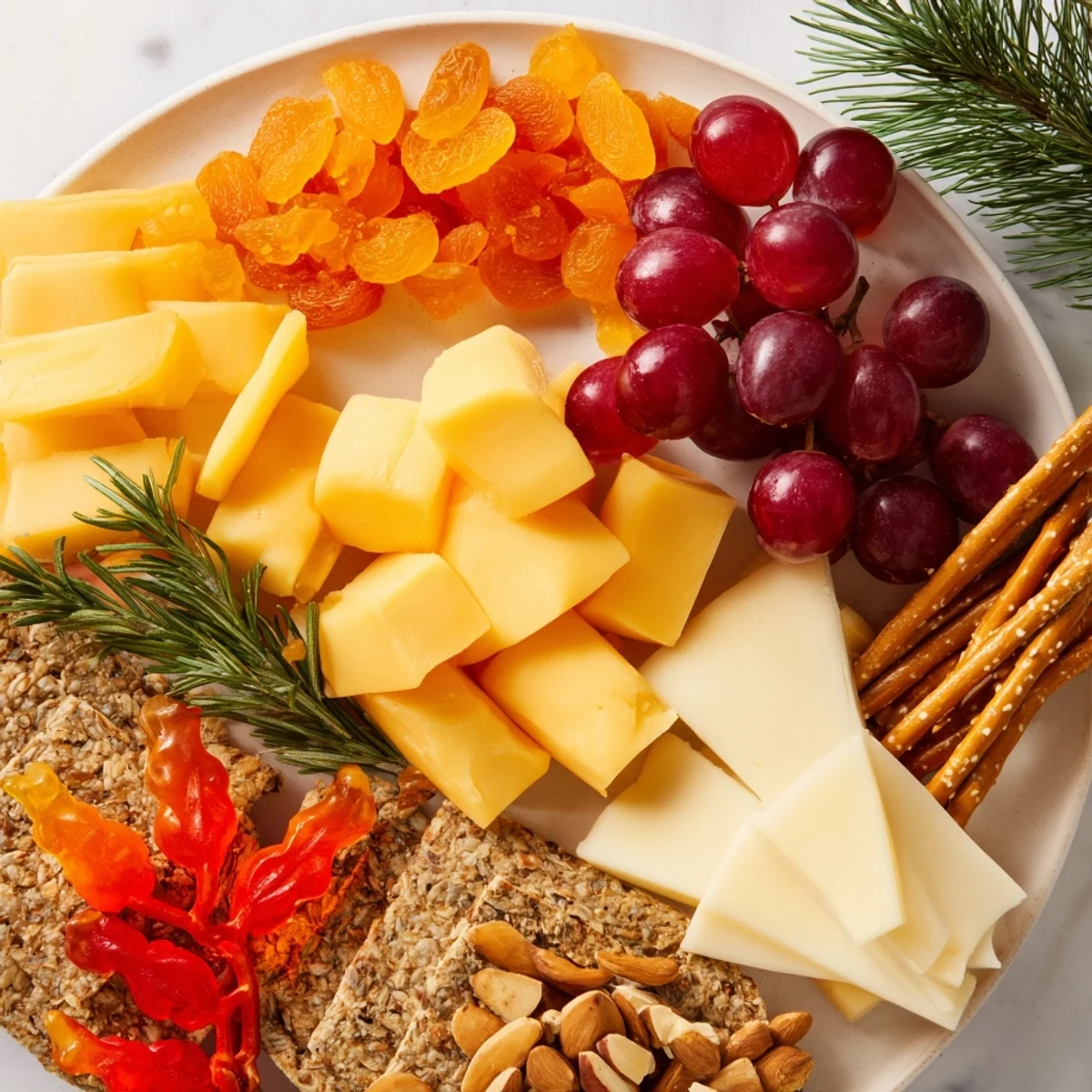 The Flickering Fire Log Snack Board displays a beautiful arrangement of snacks and colors.