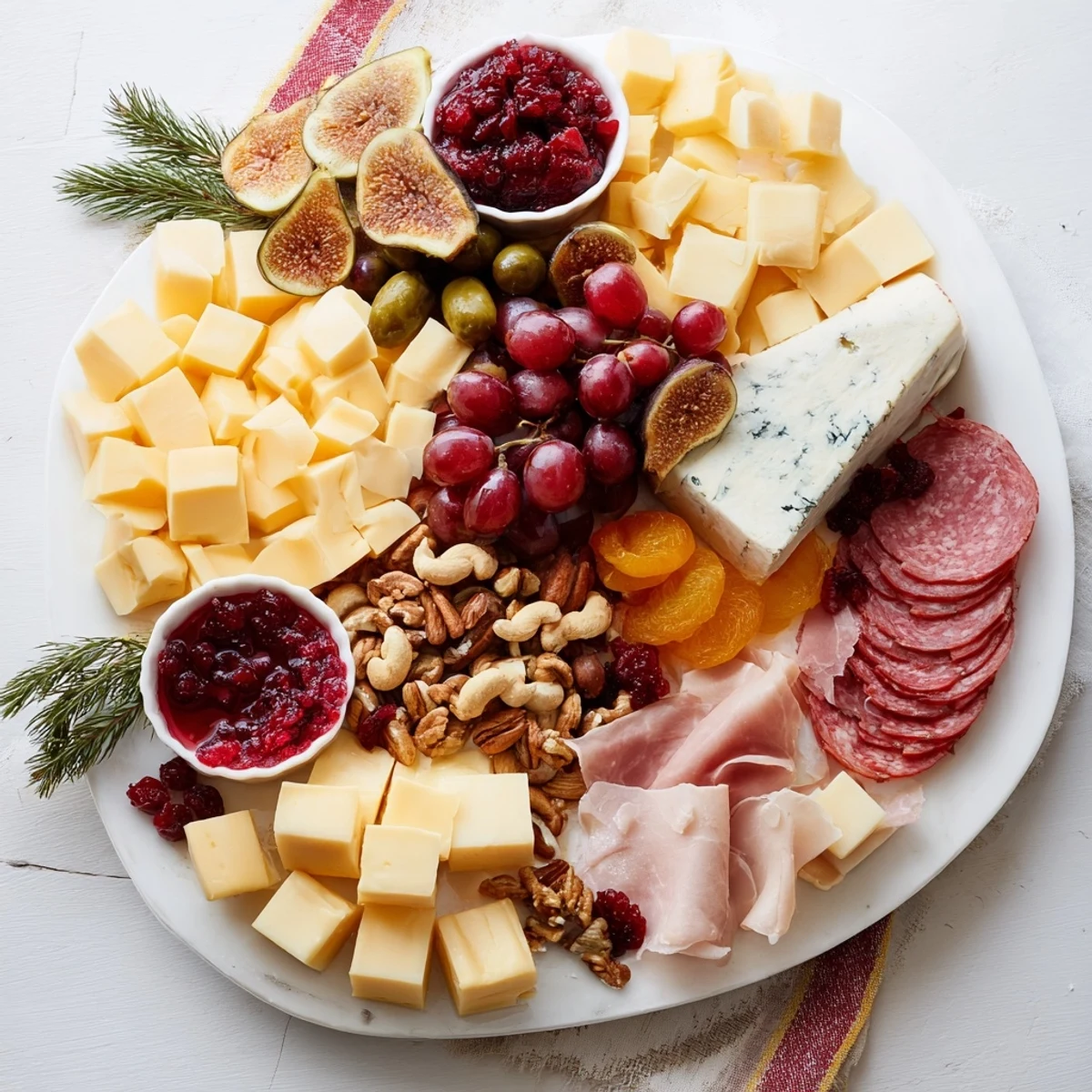 Christmas 2025 Festive Grazing Board laden with colorful cheeses, meats, and seasonal fruits, ready to serve.