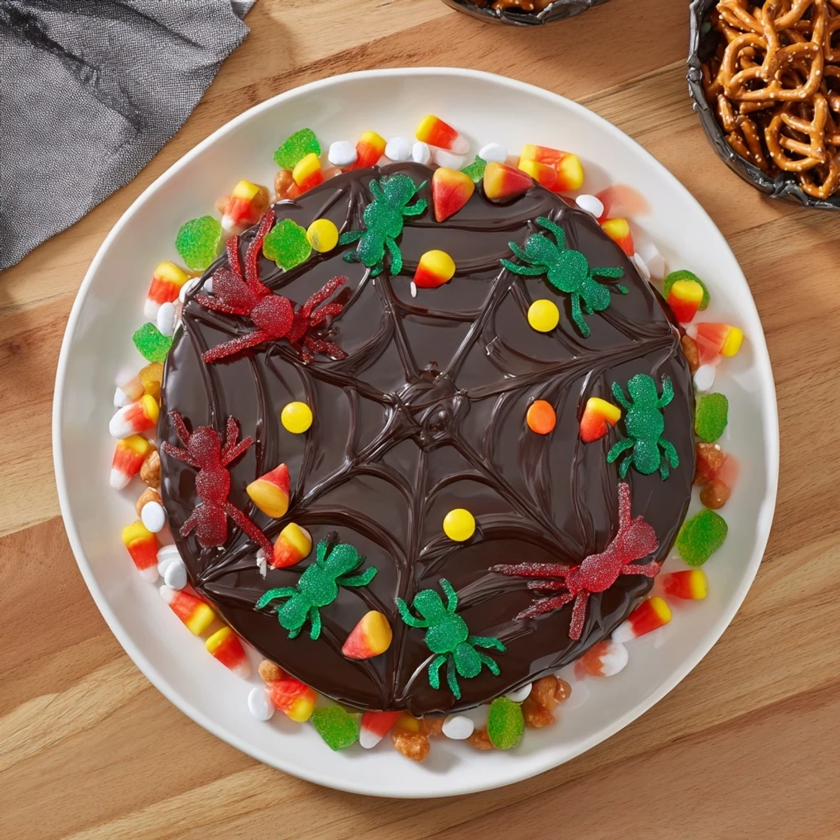Chocolate spiderweb centerpiece with Halloween candies makes a festive Spiderweb Candy Platter.