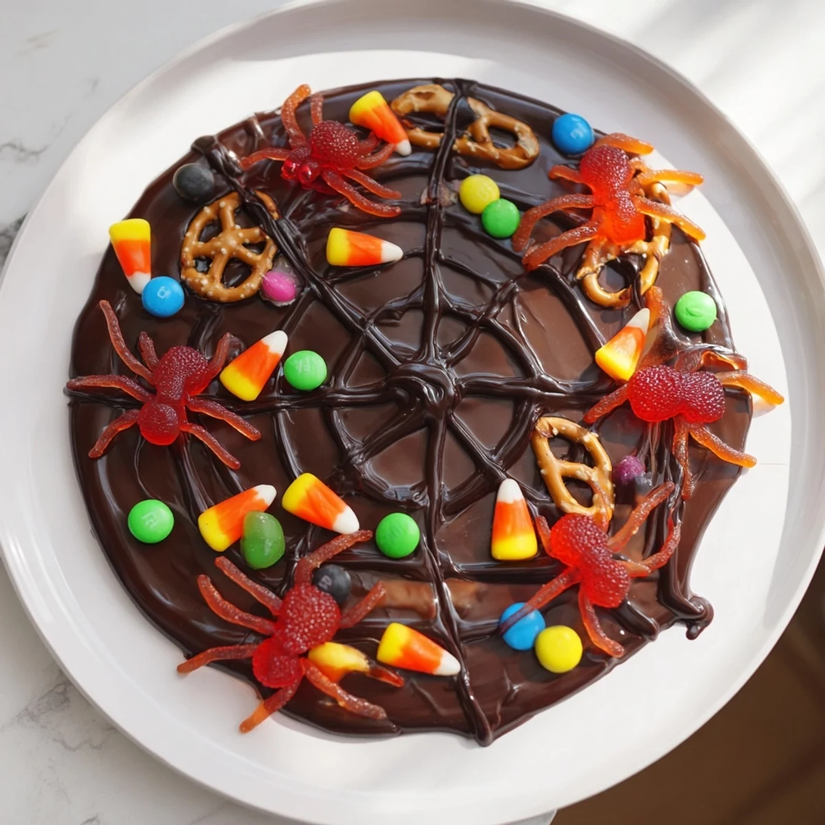 This Spiderweb Candy Platter features a vibrant assortment, perfect for a spooky and delicious treat.
