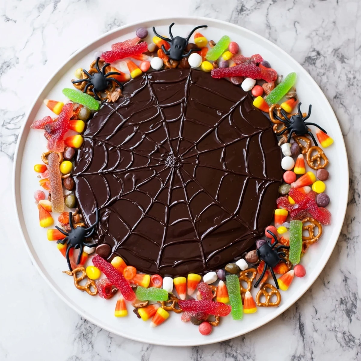 A close-up of a delightful Spiderweb Candy Platter, complete with gummy spiders and pretzel "twigs."