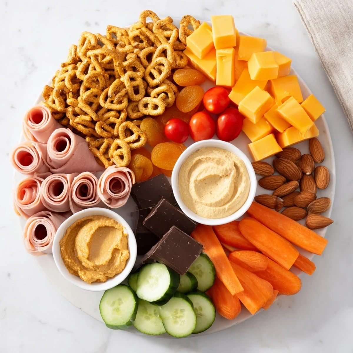 A vibrant Renard Rusé Snack Assortment platter featuring cheese, pretzels, veggies, and fruit for easy entertaining.