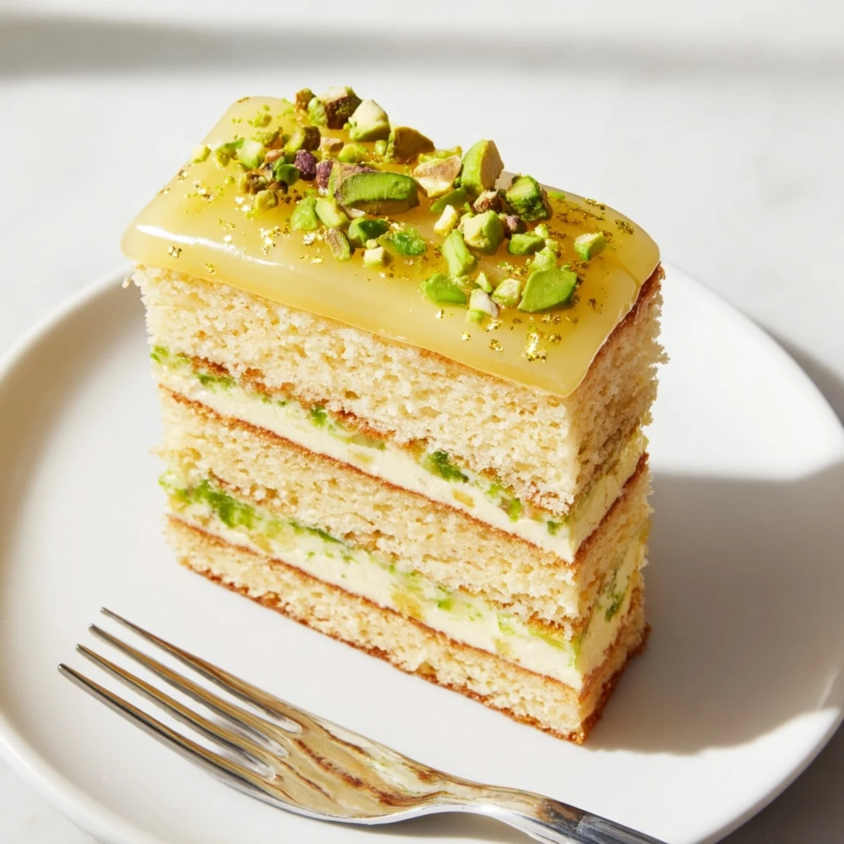 Delicate Grenouille Royale petits fours with a shiny citrus glaze and chopped pistachios.
