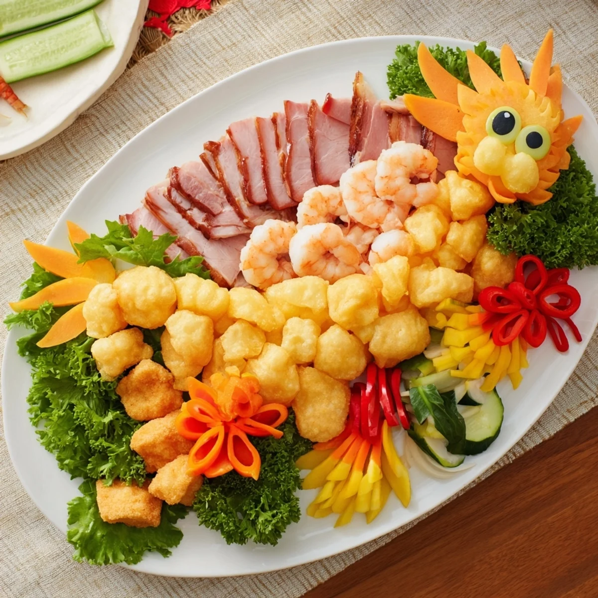 Lunar New Year Dragon Platter with colorful veggies and shrimp, a vibrant appetizer ready to serve.