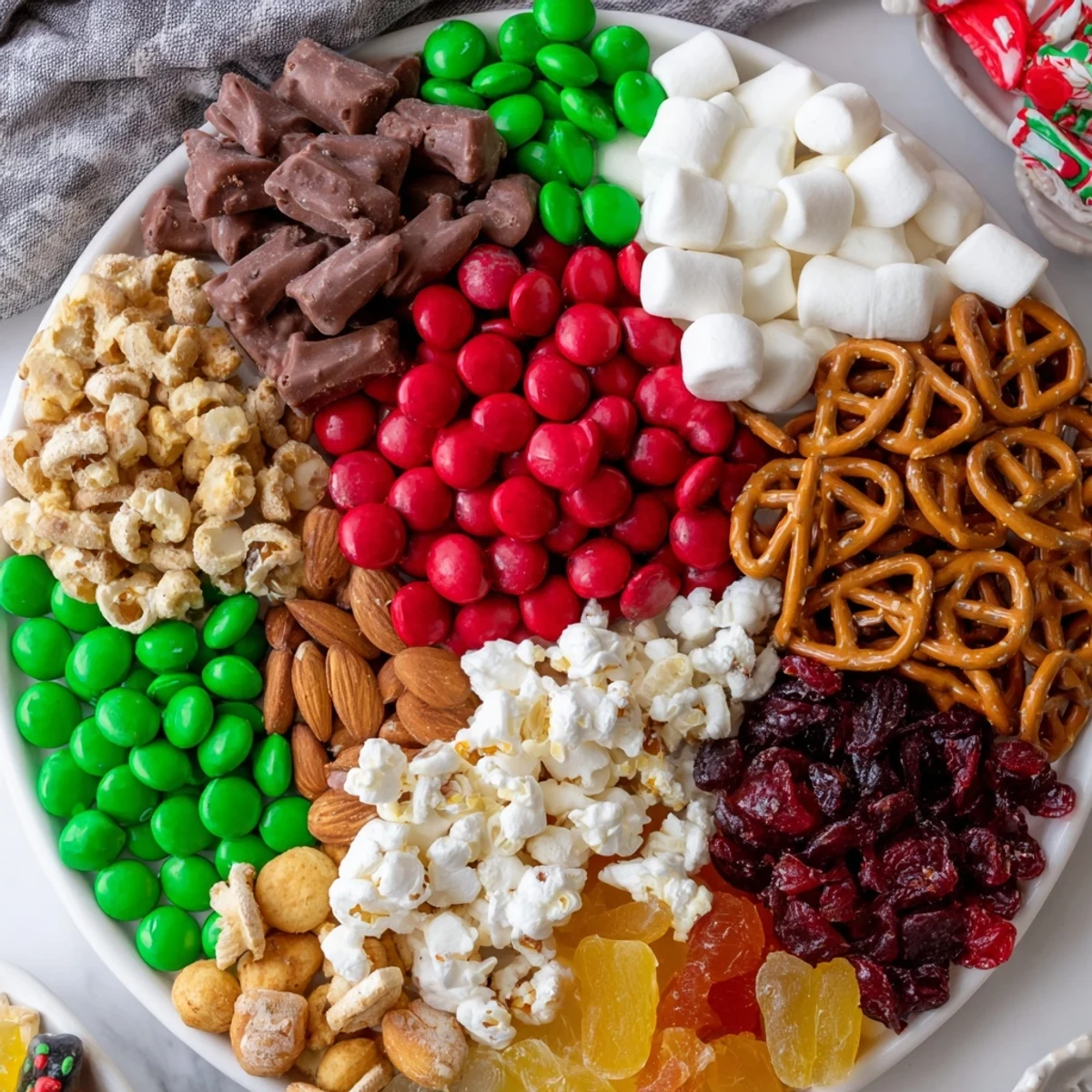 This vibrant Elf Snack Trail Mix features a delightful array of sweet and savory treats to enjoy.