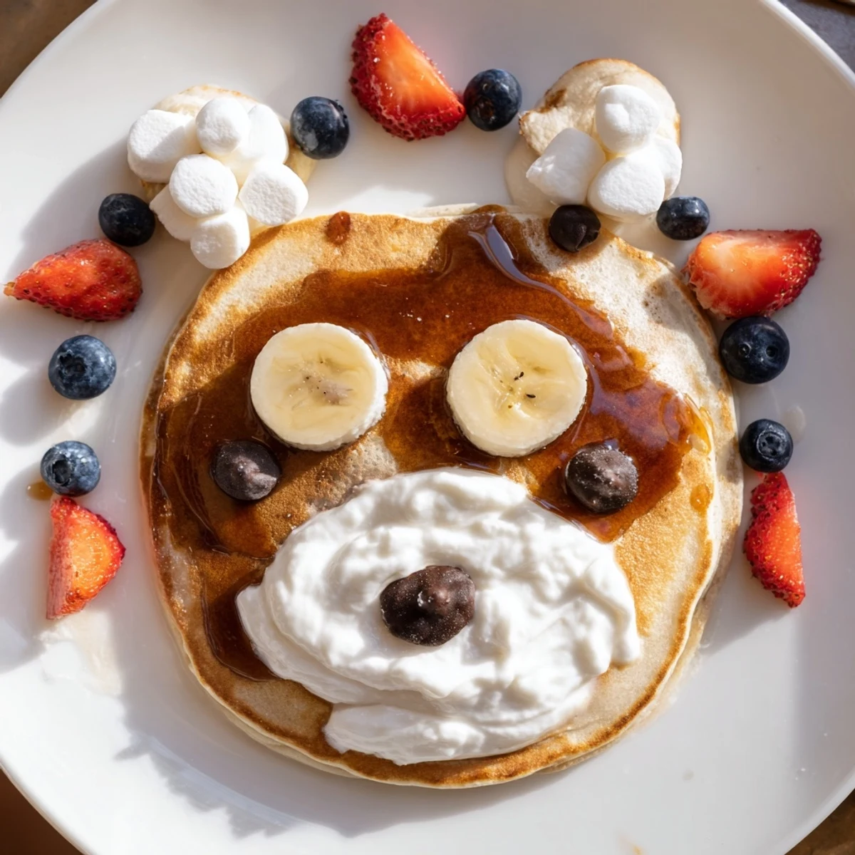 Fluffy polar bear pancake stack board, showing delicious pancakes decorated with fresh fruit and spreads.
