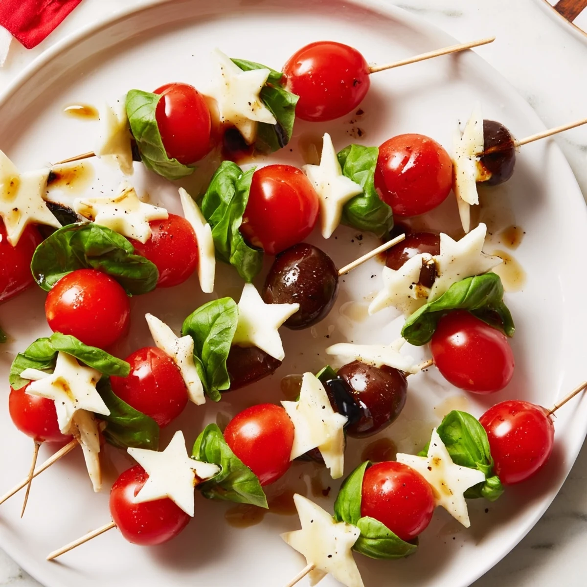Close-up of vibrant star-shaped Caprese skewers: the perfect bite-sized party appetizer.