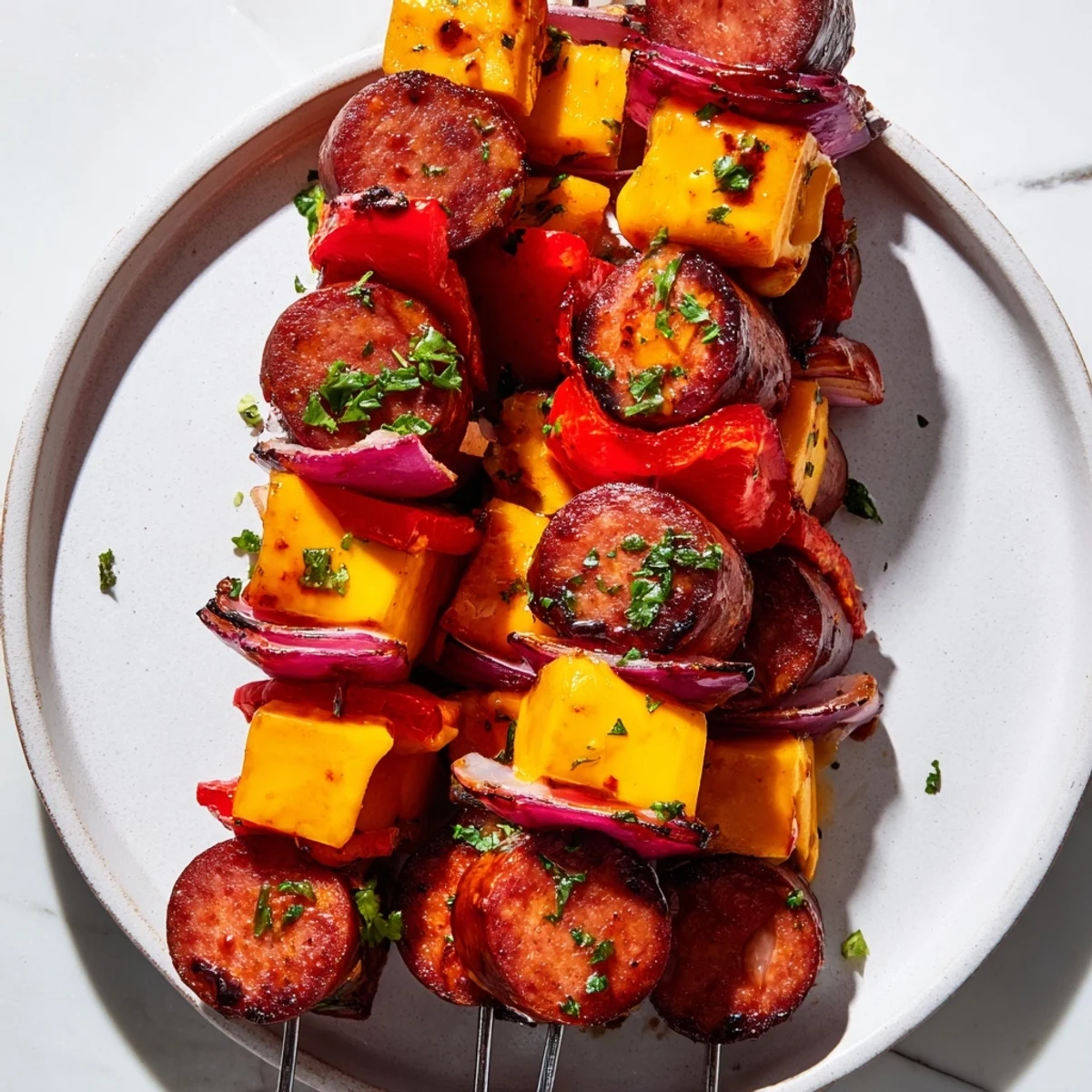 Smoky Chimney Stack Sausage and Cheese skewers, a delightful appetizer with melted cheese and fresh herbs.