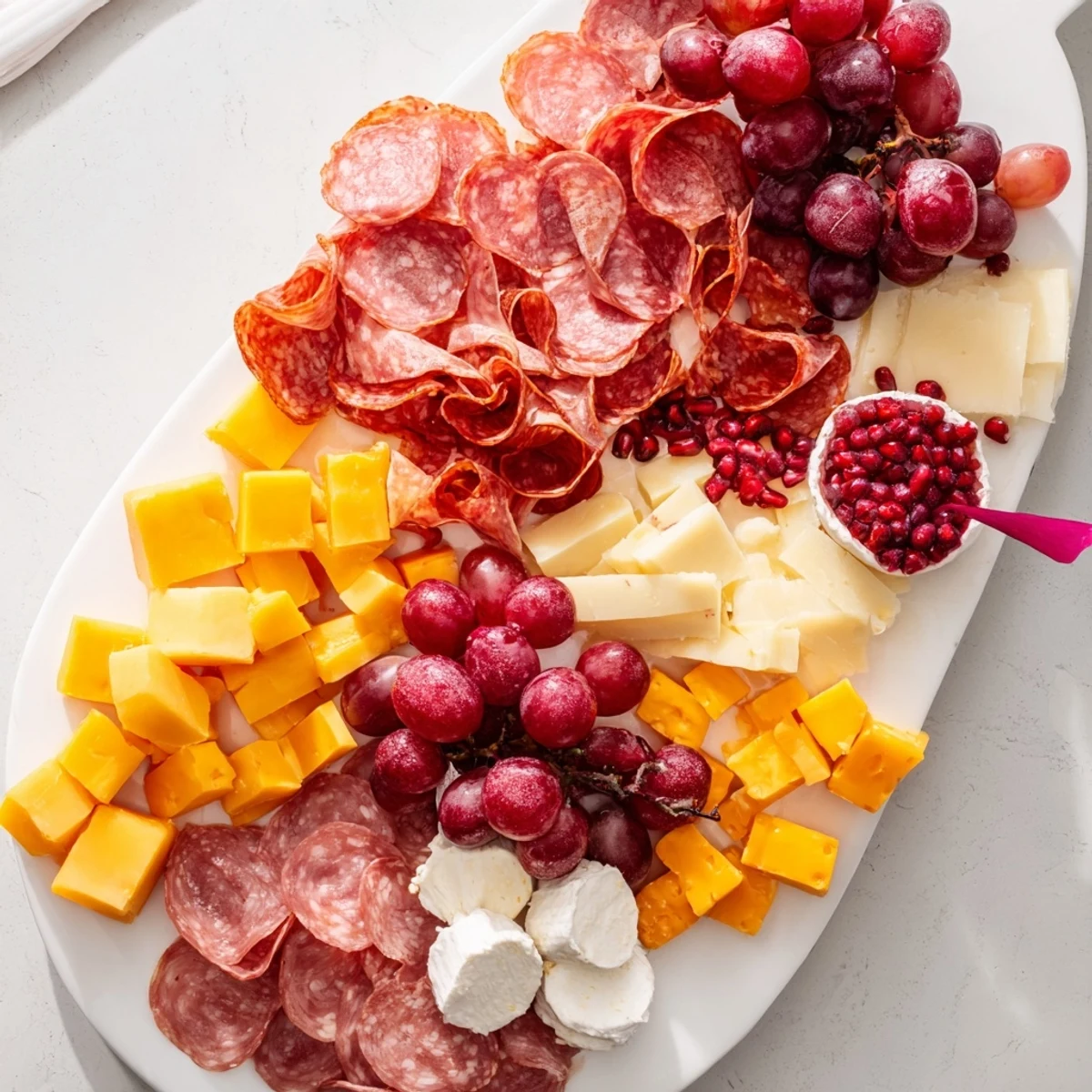 Festive stocking charcuterie board with artfully arranged meats, cheeses, and grapes for holiday enjoyment.