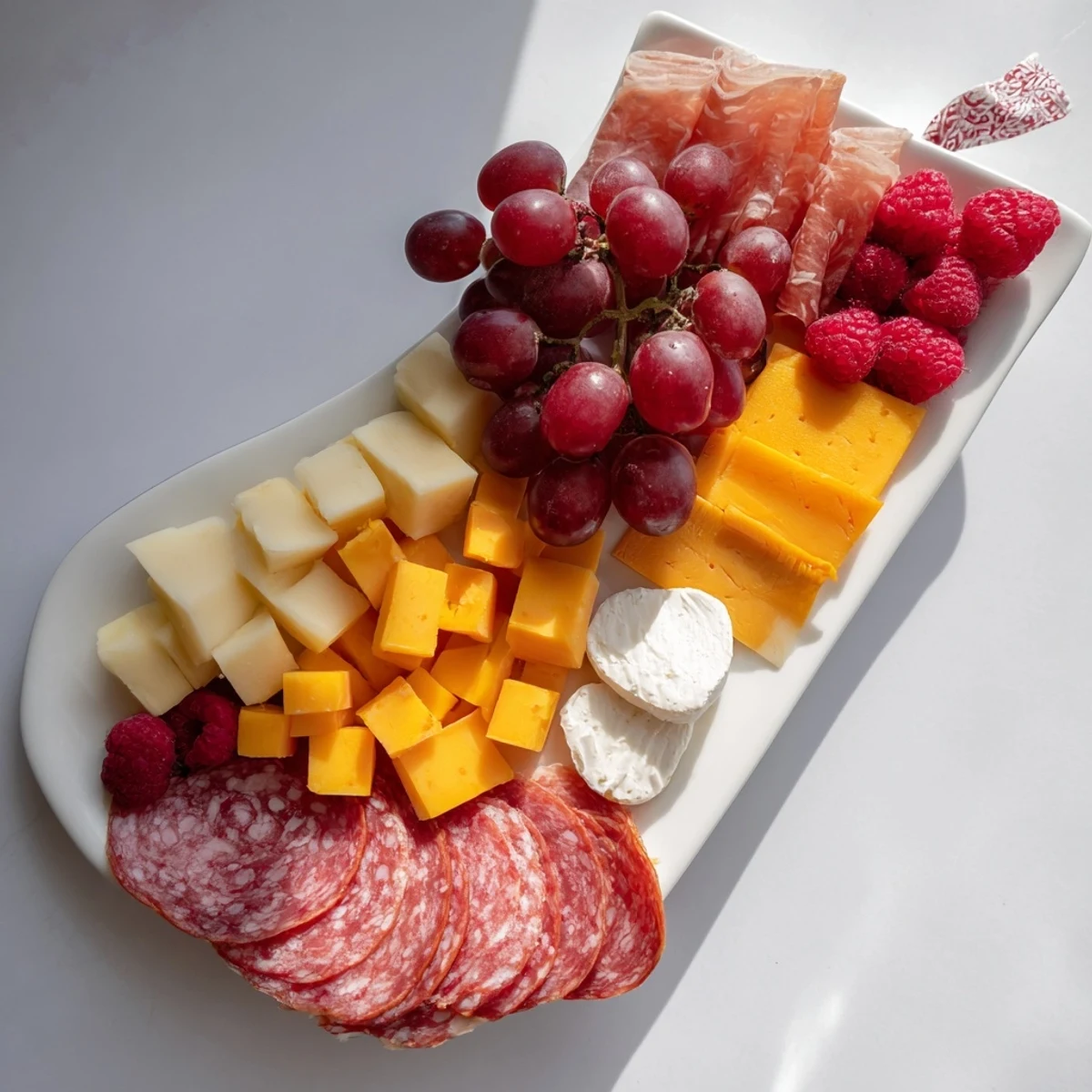 Holiday-themed meat and cheese charcuterie board overflowing with salami, brie, and fresh, bright fruits for a party.
