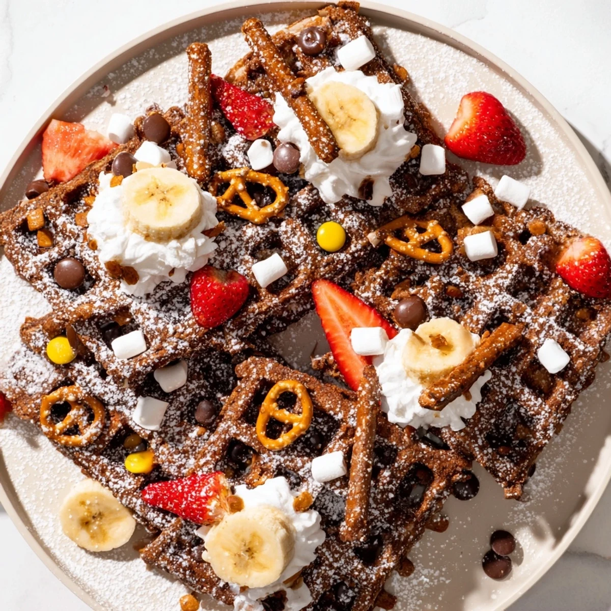 Delicious gingerbread house waffles, ready to be customized with all sorts of sweet toppings.