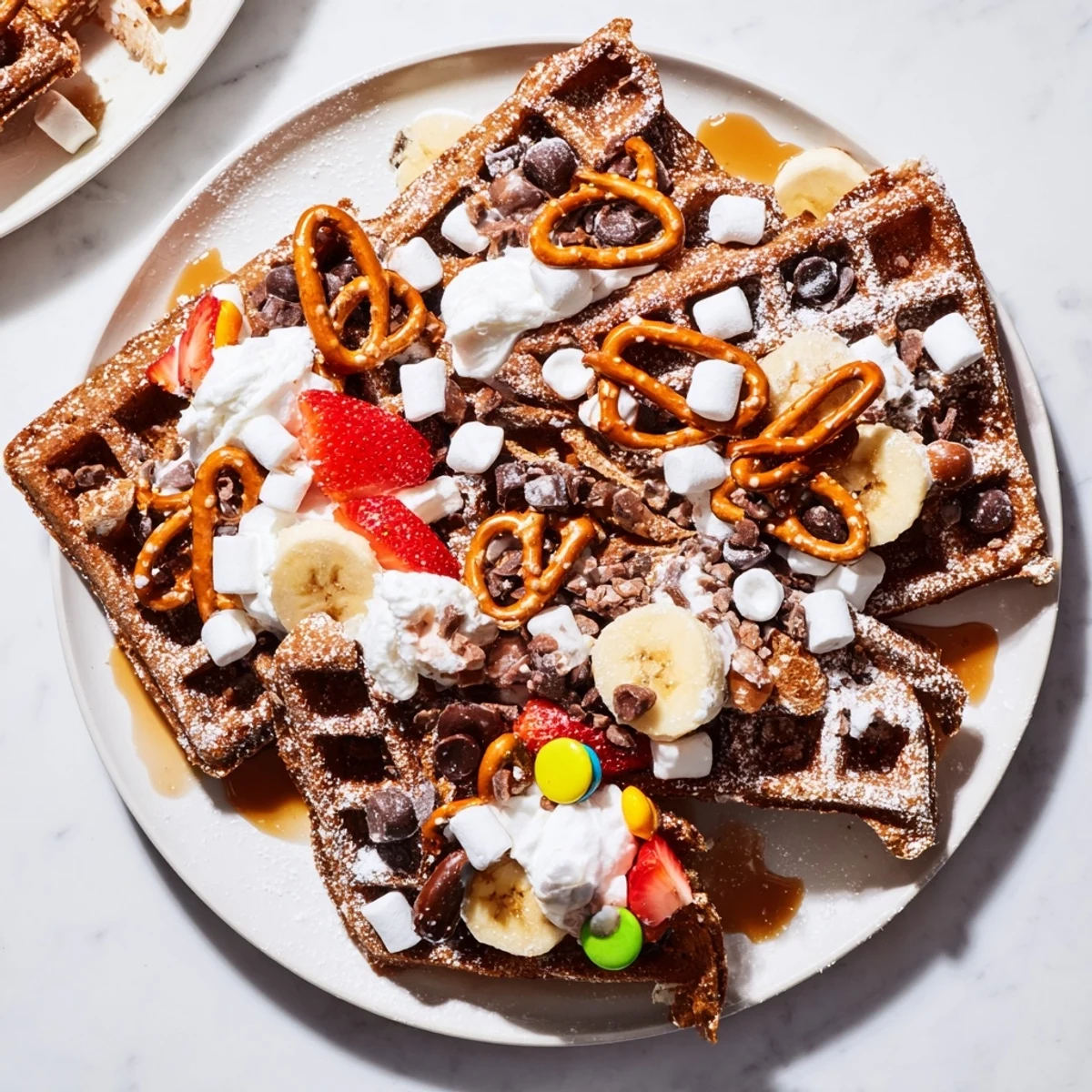 Homemade gingerbread house waffle breakfast, a fun holiday activity for kids and adults.