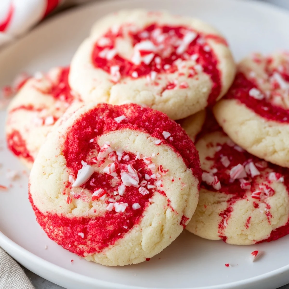 Delicious Candy Cane Swirl Cookie Platter: perfectly swirled cookies with crushed peppermint garnish.