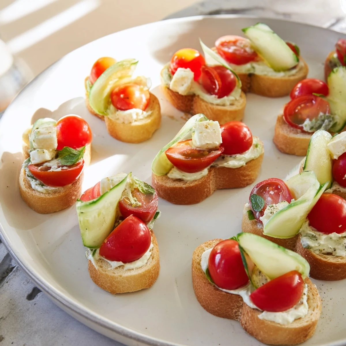 Golden-brown Elf Shoe Shaped Toast Bites on a platter, ready to be topped with cream cheese and fresh herbs.