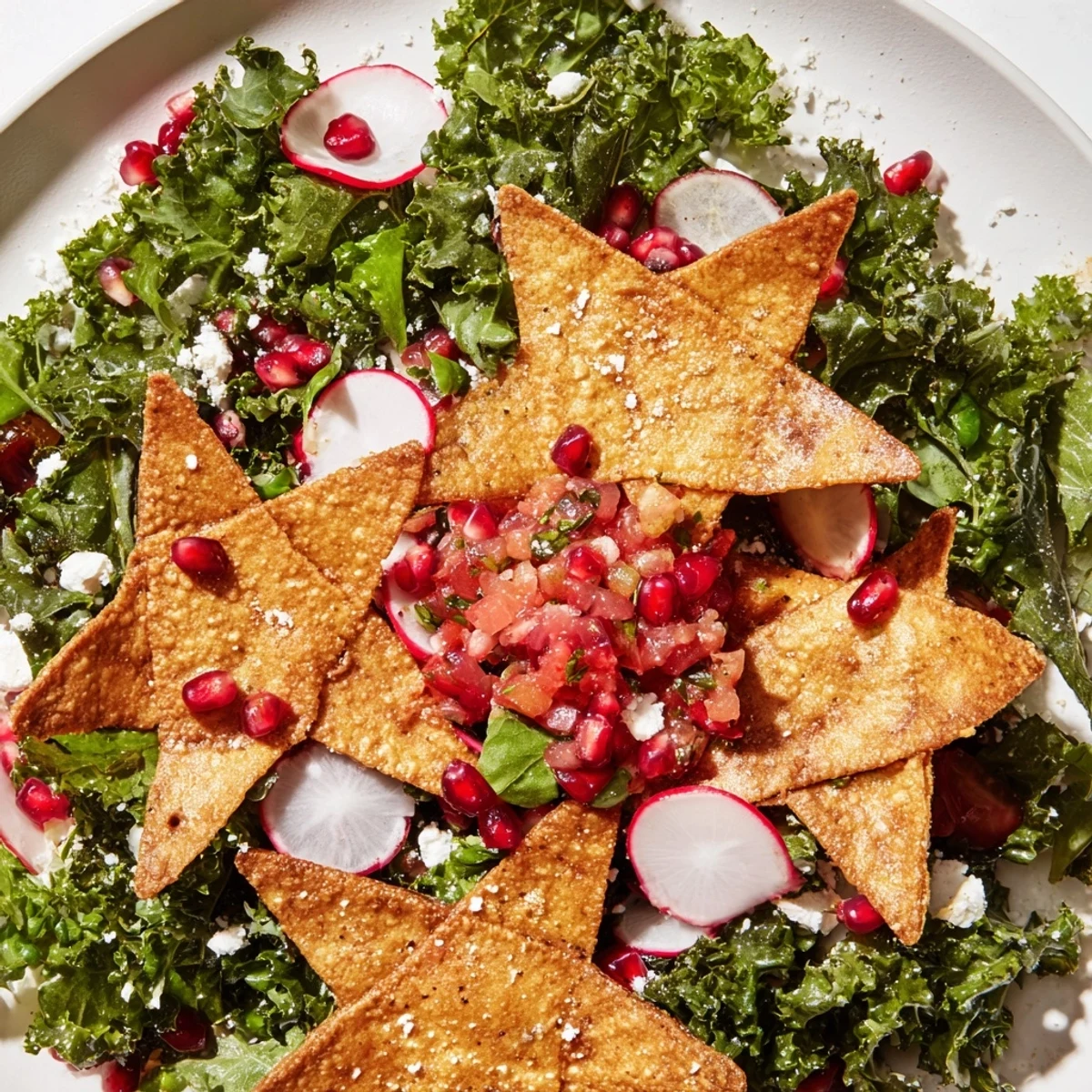 Winter salad featuring snowflake tortilla chips, vibrant salsa, and crisp greens, a festive appetizer.