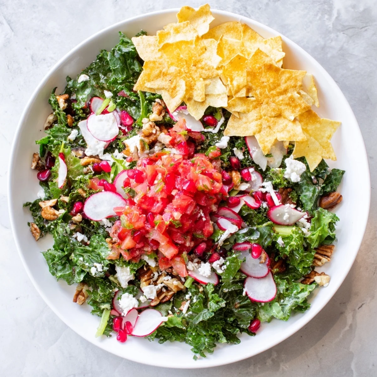 A beautiful winter salad with snowflake tortilla chips, colorful veggies, and fresh salsa next to it.