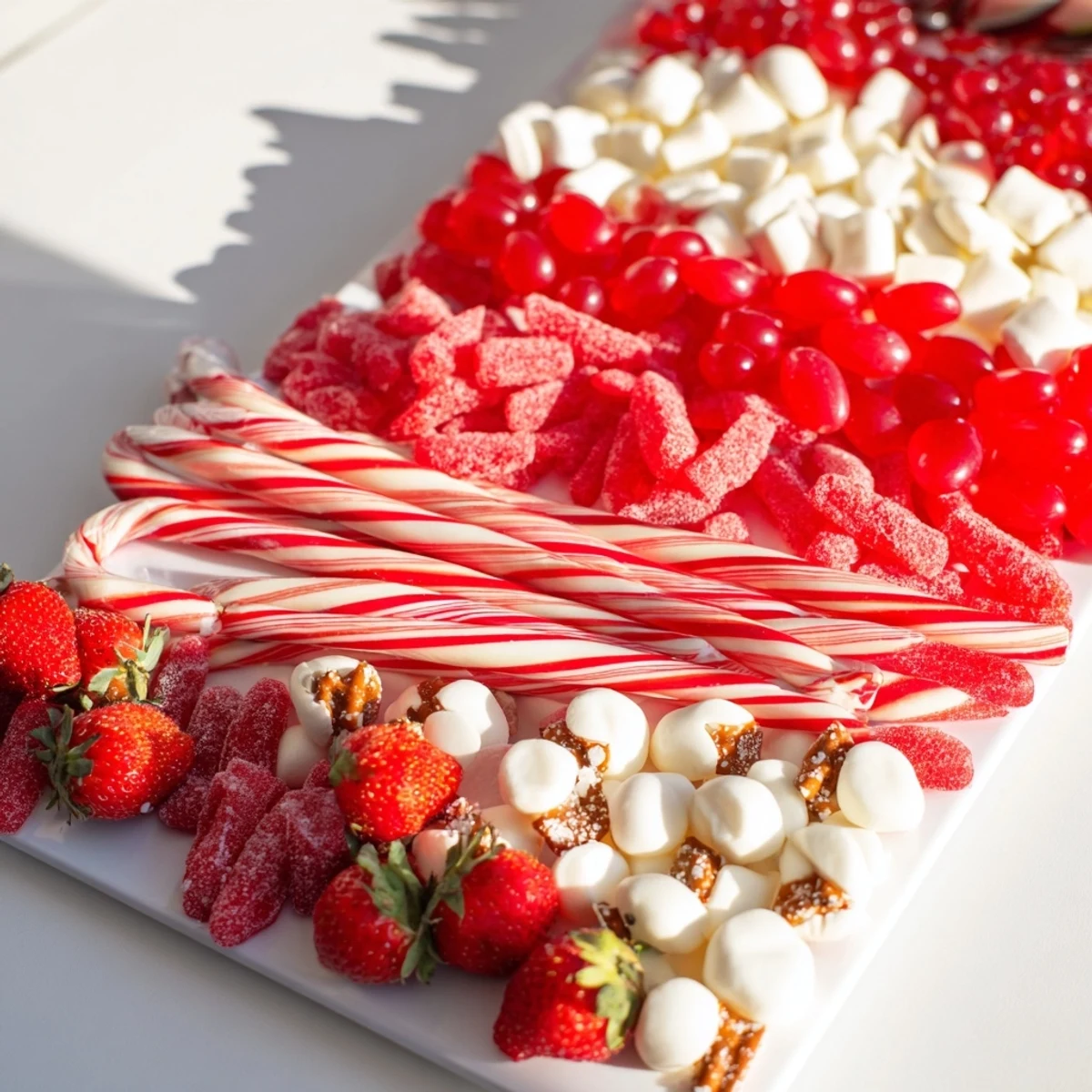 Colorful sweet board: strawberries, pretzels, and yummy candy create a delicious red and white display.