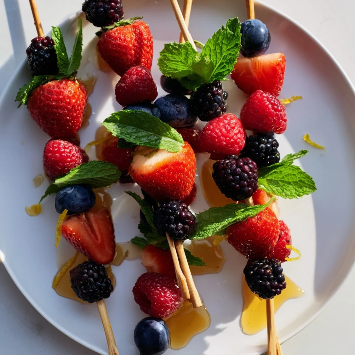 Bunte Fruchtspieße mit verschiedenen Beeren und Minzblättern, bereit zum Genuss als leichter Snack.