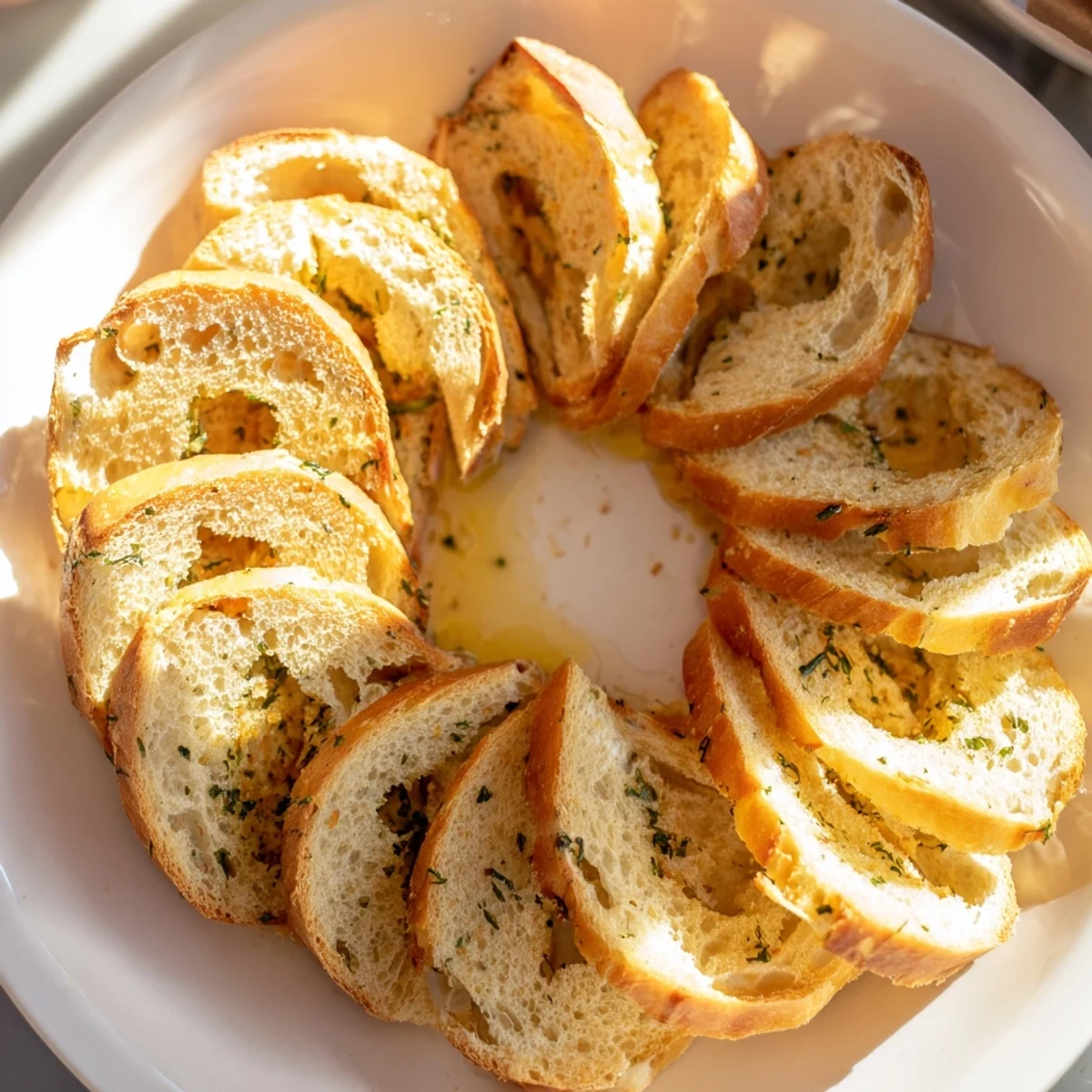 Crispy Simple Bread baguette slices arranged in a circle, ready to serve with flavorful dips.