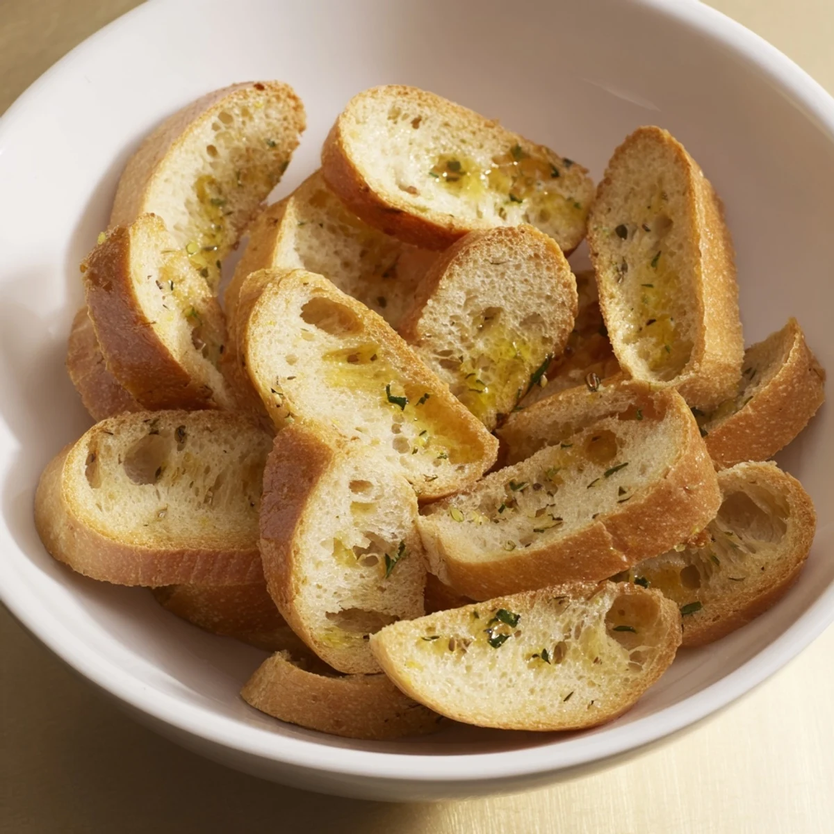 Freshly toasted Simple Bread baguette slices, beautifully laid out, awaiting cheese or soup pairing.