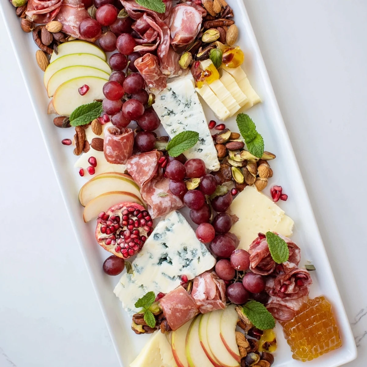 Elegant Pomegranate Jewel Cascade appetizer; cheese, cured meats, and pomegranate seeds cascade across the board.