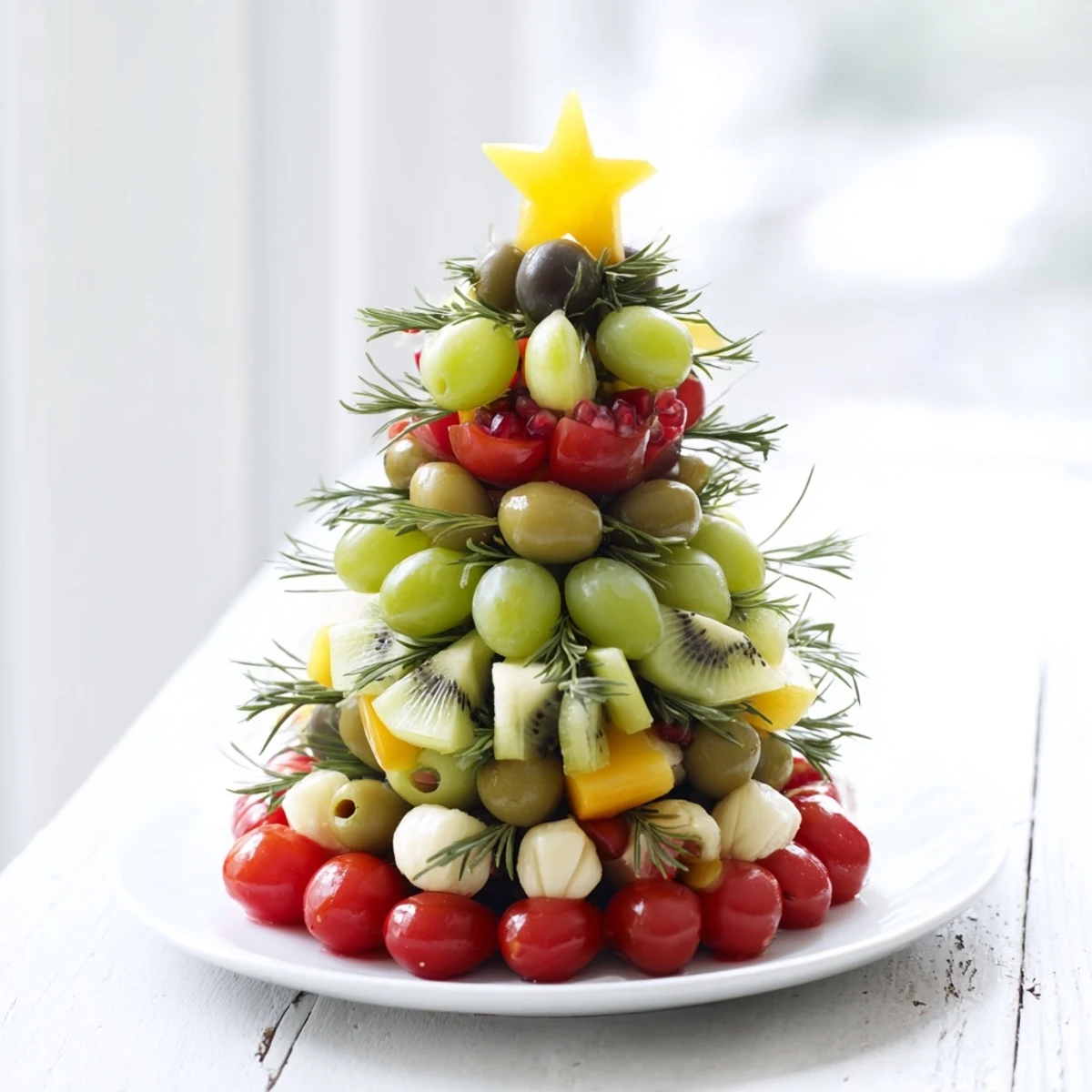 Festive Christmas Tree Triangle Board appetizer arranged with green grapes, juicy olives, and kiwi slices.